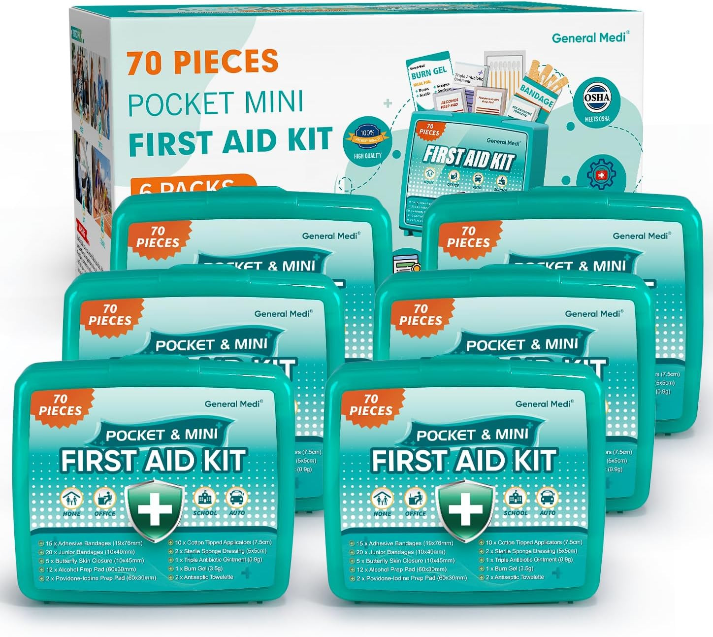 General Medi 420 Piece First Aid Kit, 6 Individual Boxes of 70 Items Each – Cont