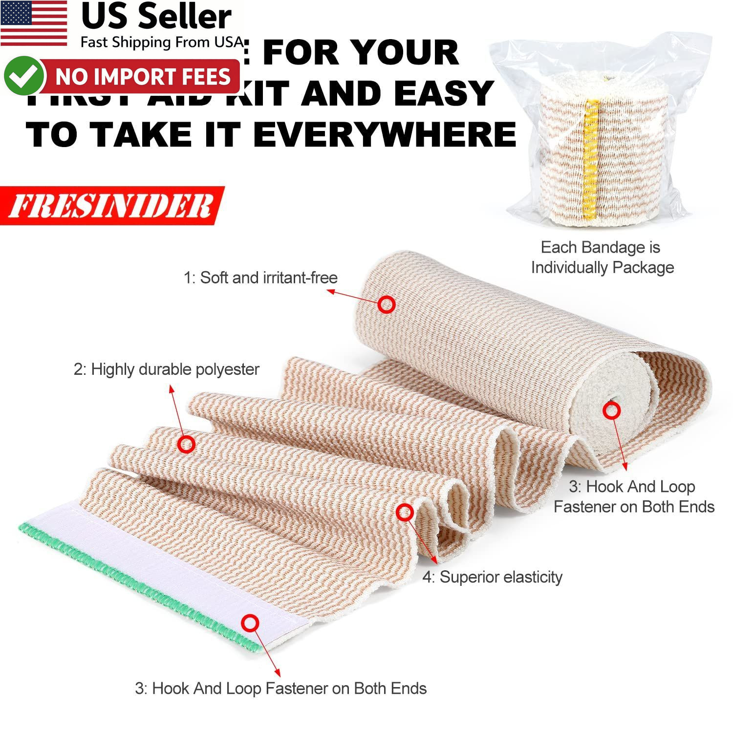 FRESINIDER 6" Elastic Bandage Wrap 4 Pack Cotton Compression Touch Close FROM US