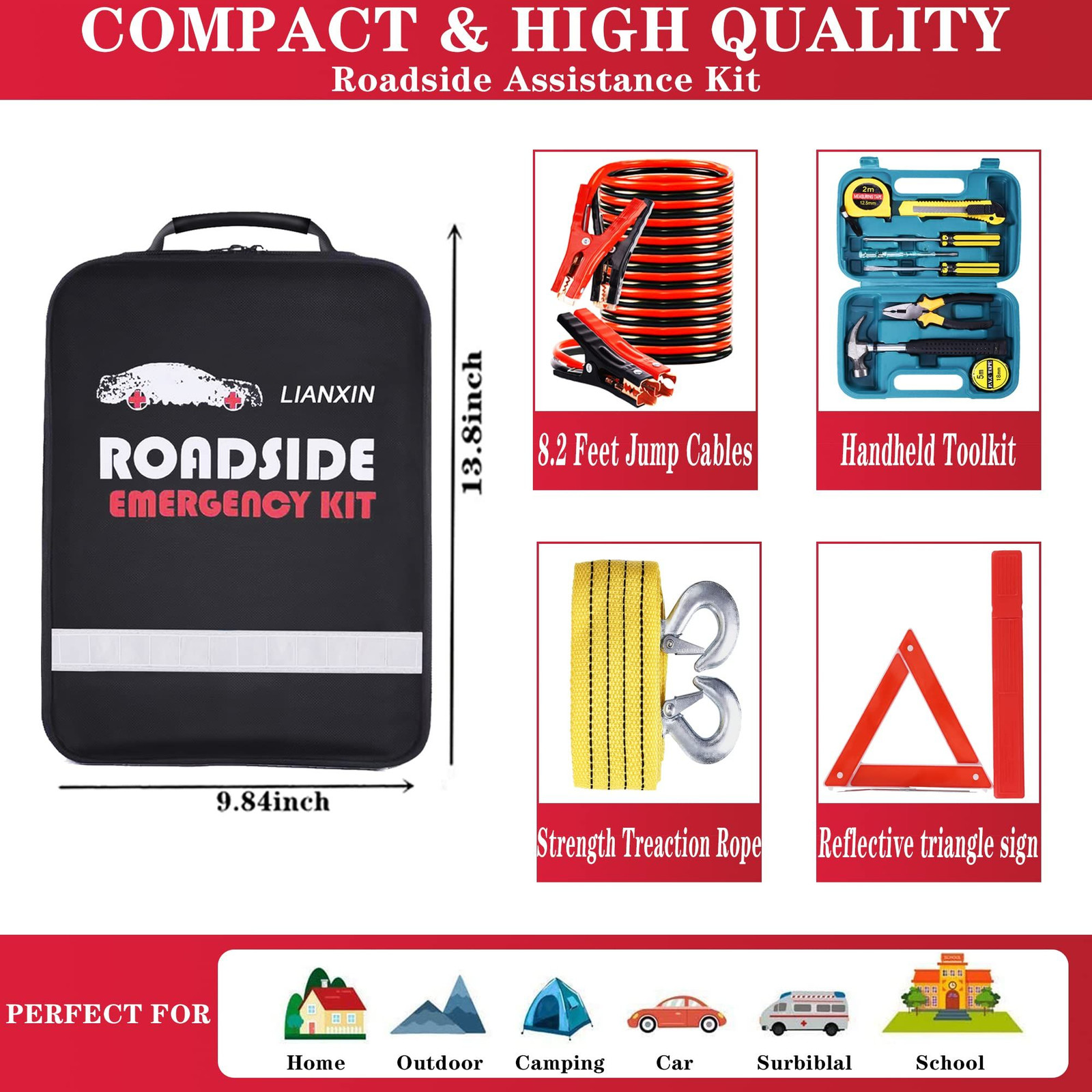 LIANXIN Roadside Emergency Car Kit-Safety Kit 10in*6in*3in, Black