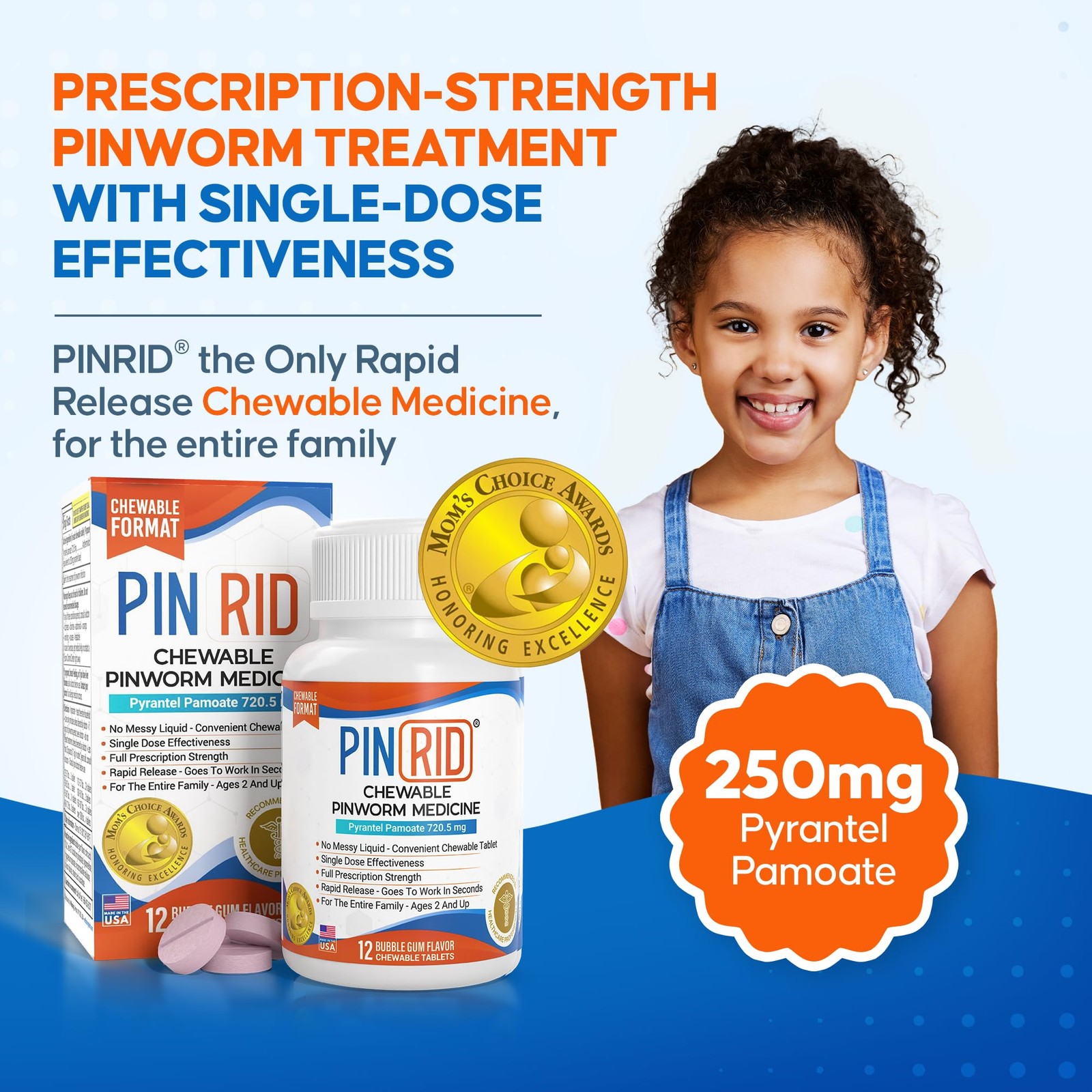Pinworm Medicine for Family 2+, Bubble Gum Chewable Tablets 12 Doses 250mg …