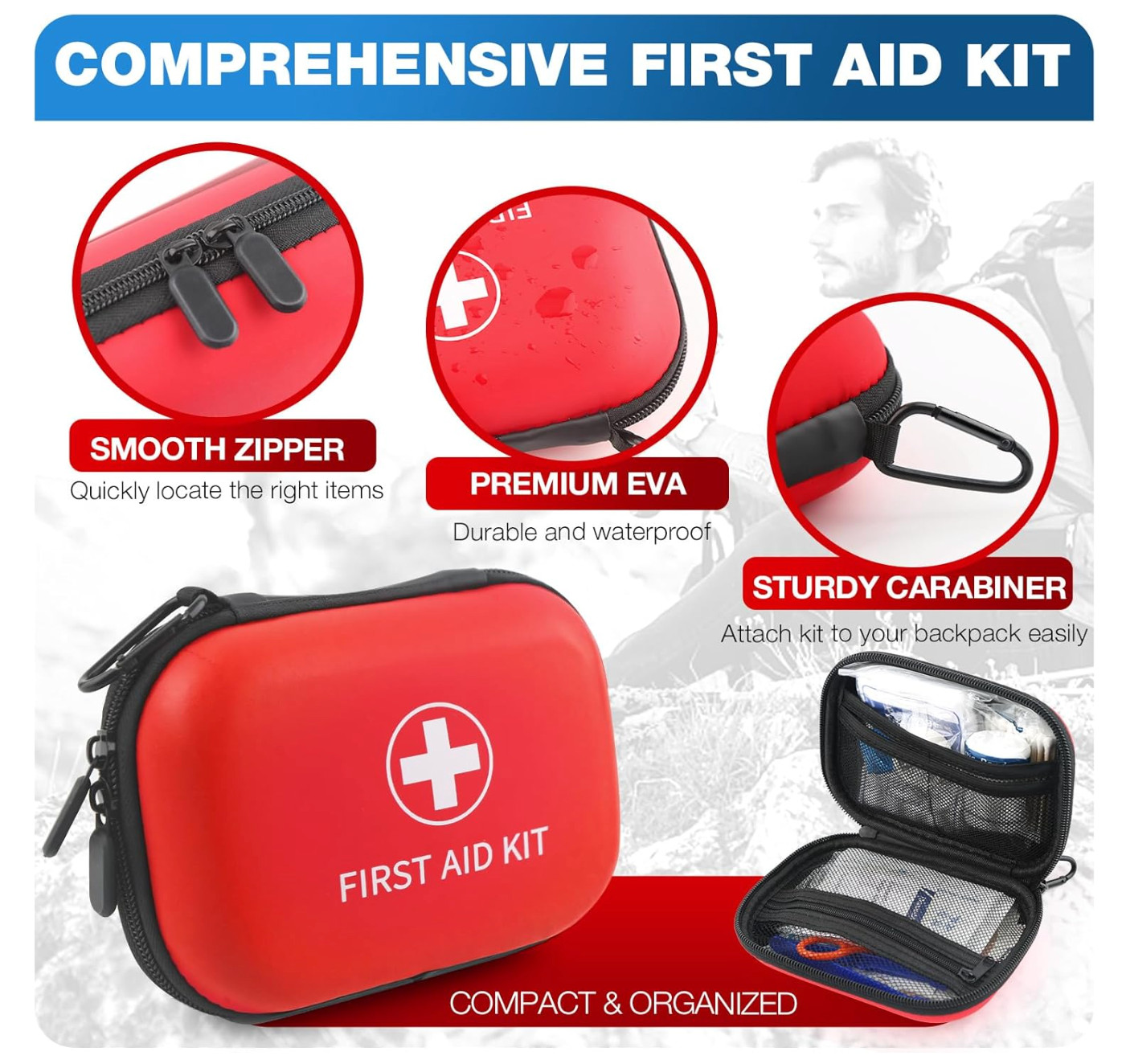 All-in-One Compact First Aid Kit with Waterproof Hard Shell Case – 100 PCS