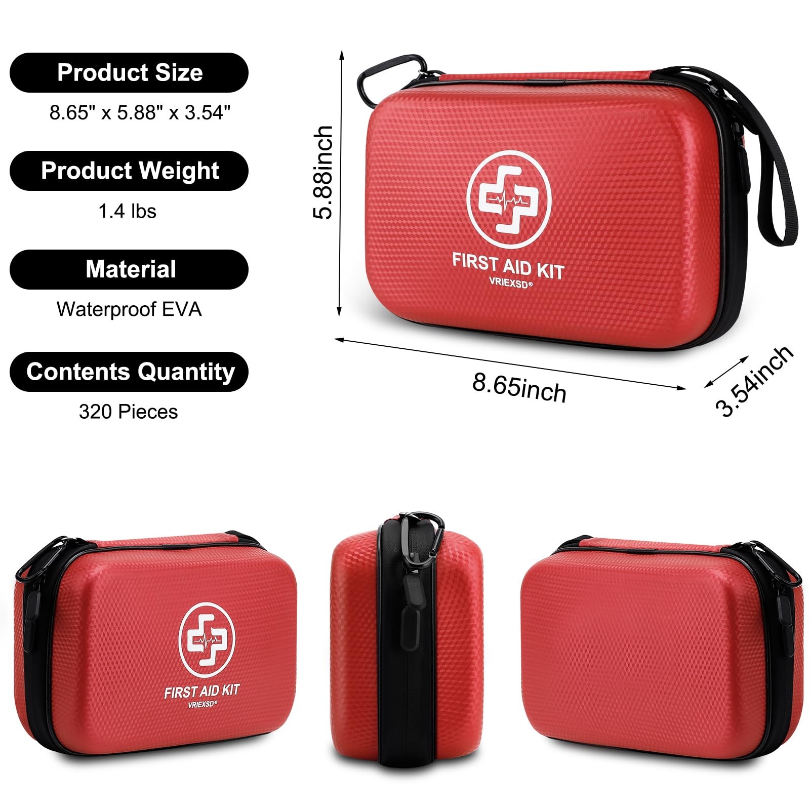 VRIEXSD Premium First Aid Kit 320 Pcs Waterproof EVA Hard Shell Home Camping Car