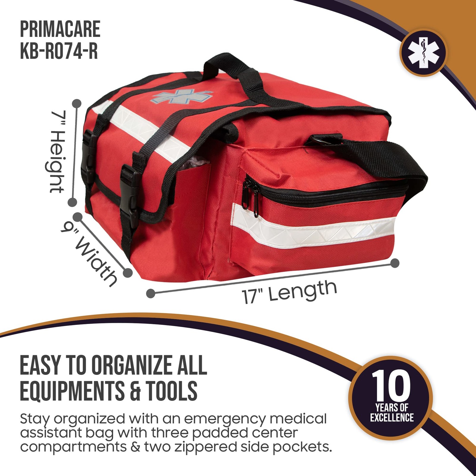 Primacare KB-RO74-R First Responder Trauma Bag, 17 x 9 x 7, Red — EMT/EMS
