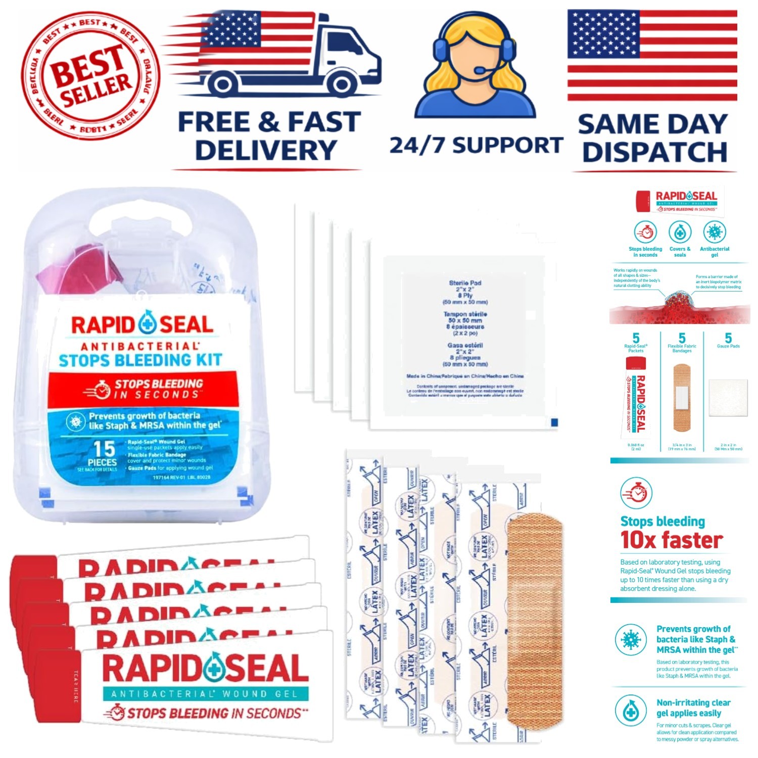 Rapid Seal 15pc Emergency Wound Care Kit – Antibacterial & Fast-Acting Gel