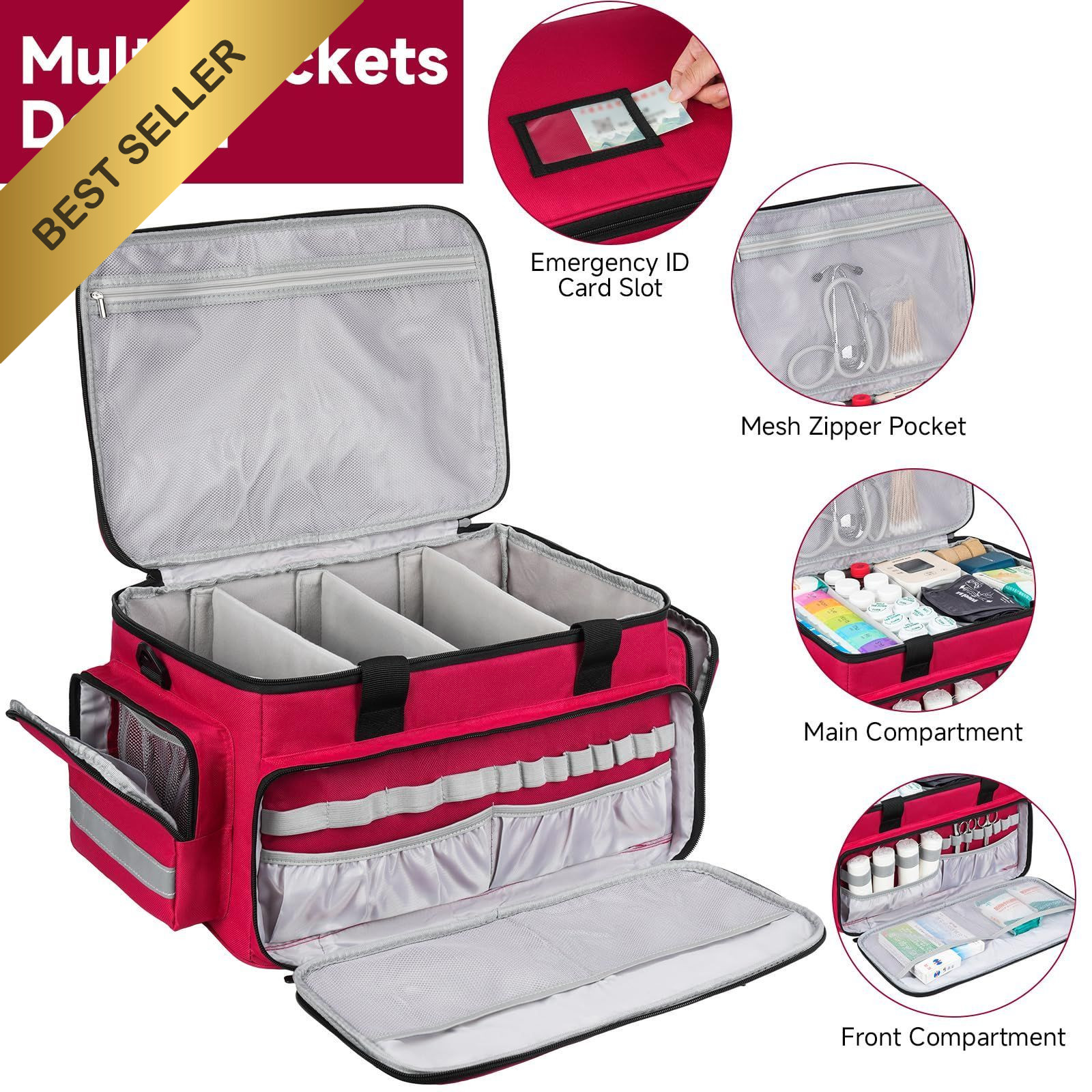 Medical Nurse Bag Large Empty First Aid Organizer Shoulder Strap Home Health Red