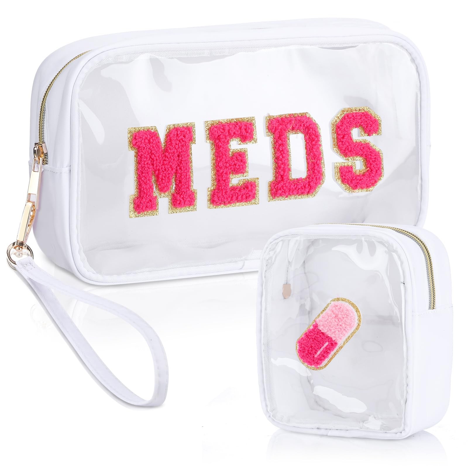 Hillban 2 Pcs Medicine Bag Chenille Letter Patch Meds Bags white, rose red
