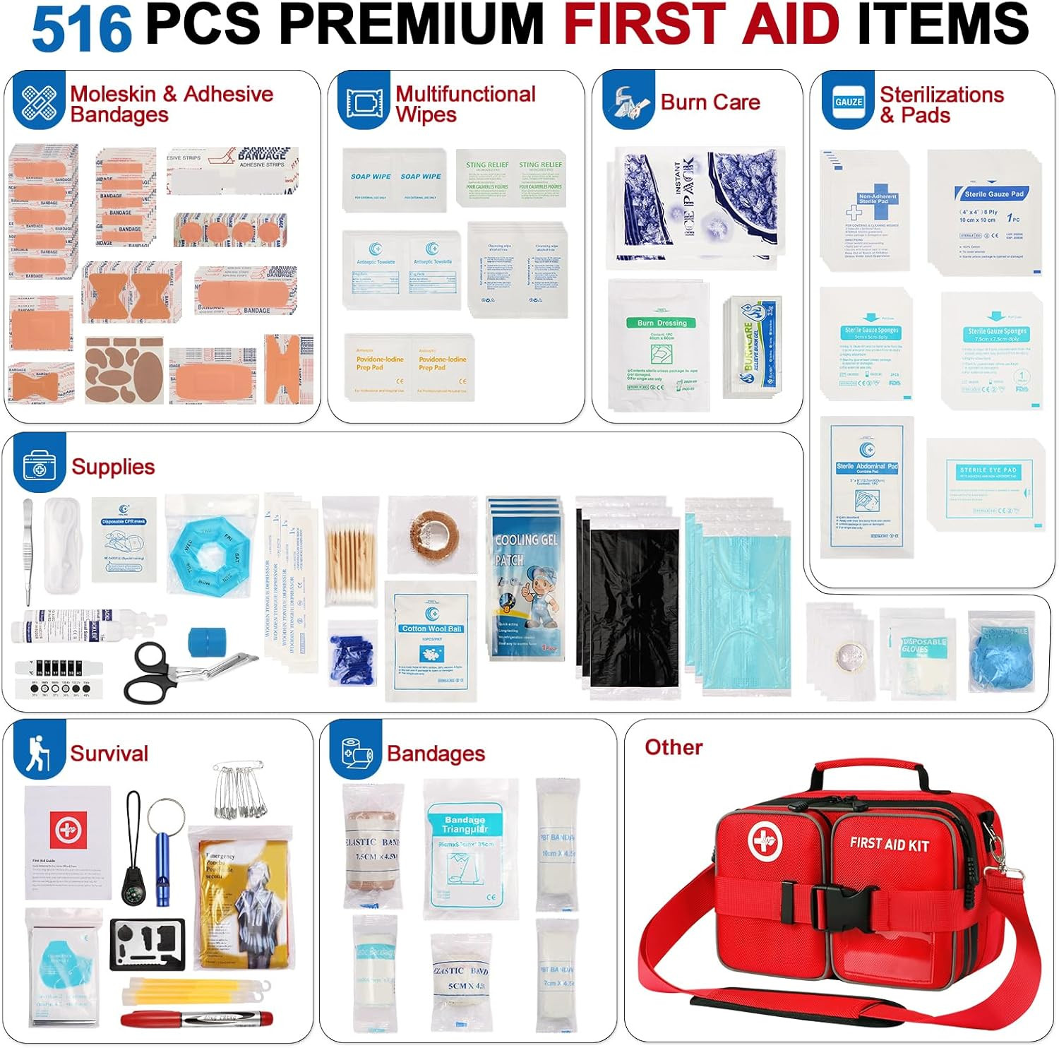 Premium 516 Piece First Aid Kit for Car, FSA Eligible HSA Store Waterproof Compa