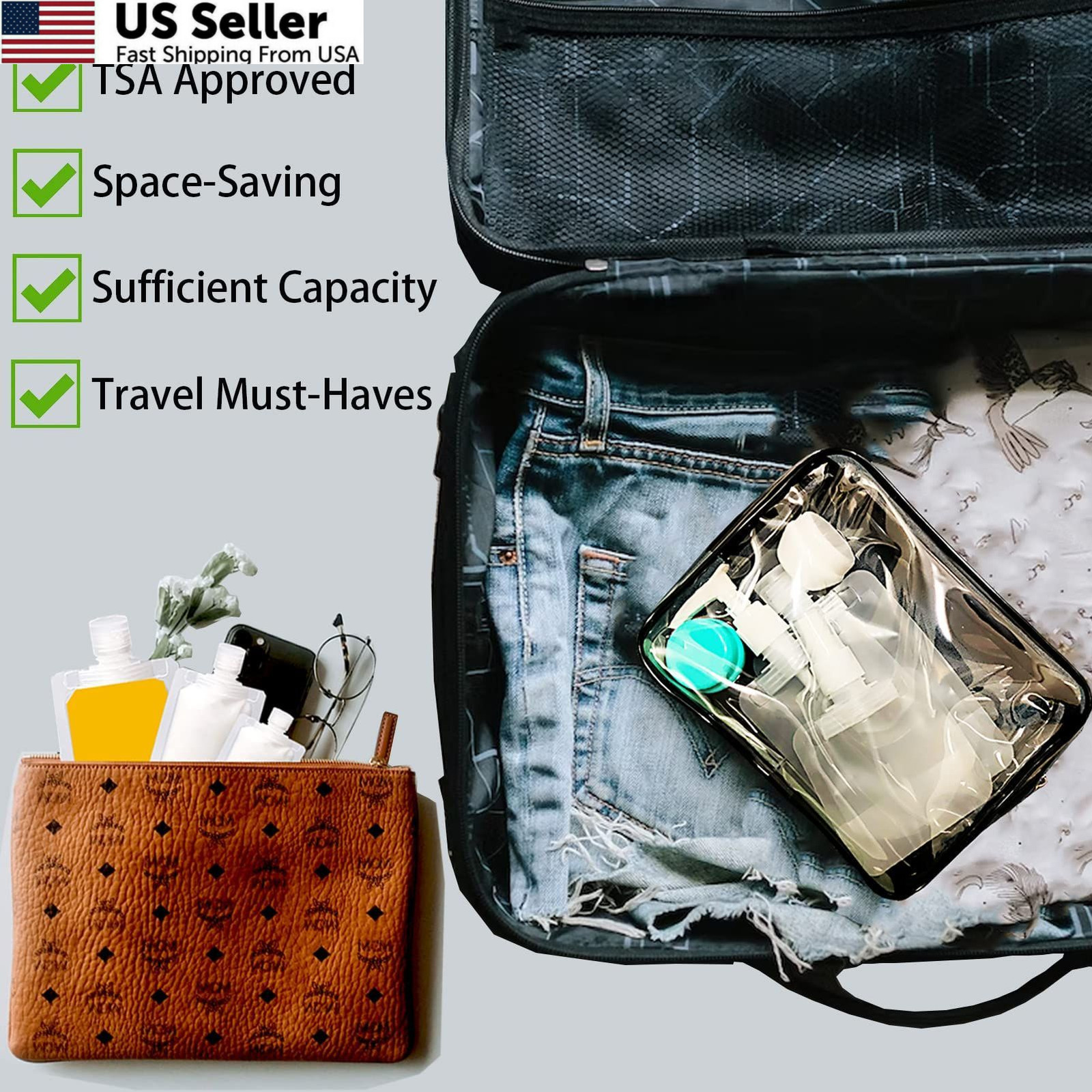 29 PCS Travel Size Refillable Empty Squeeze Pouch TSA Approved 29Pcs, Clear