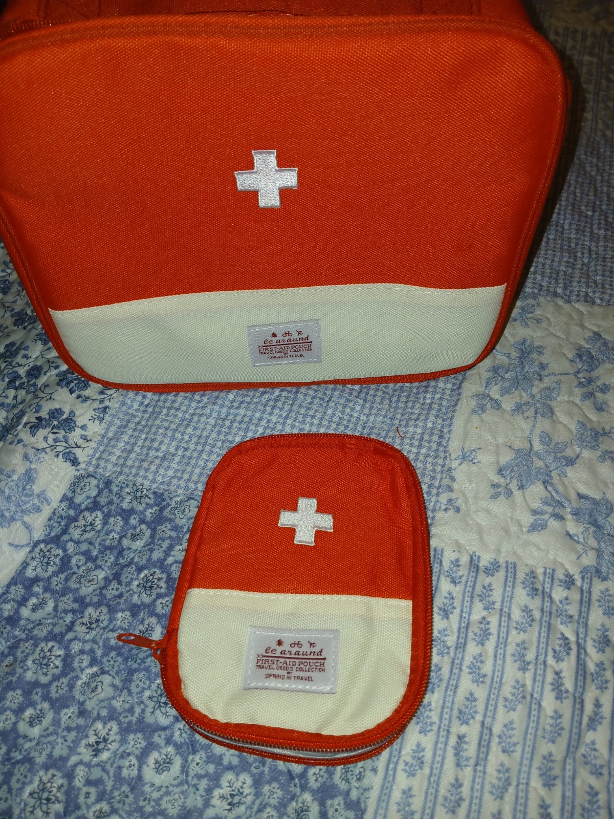 Travel/home Red &white 1st Aid Zippered Bag W/mini Bag 8x9x2" Empty Mini 5×5"