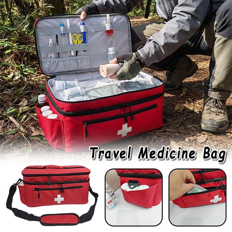 Travel First Aid Bag Multi-Compartment Medical Storage Organizer Empty Bag Red