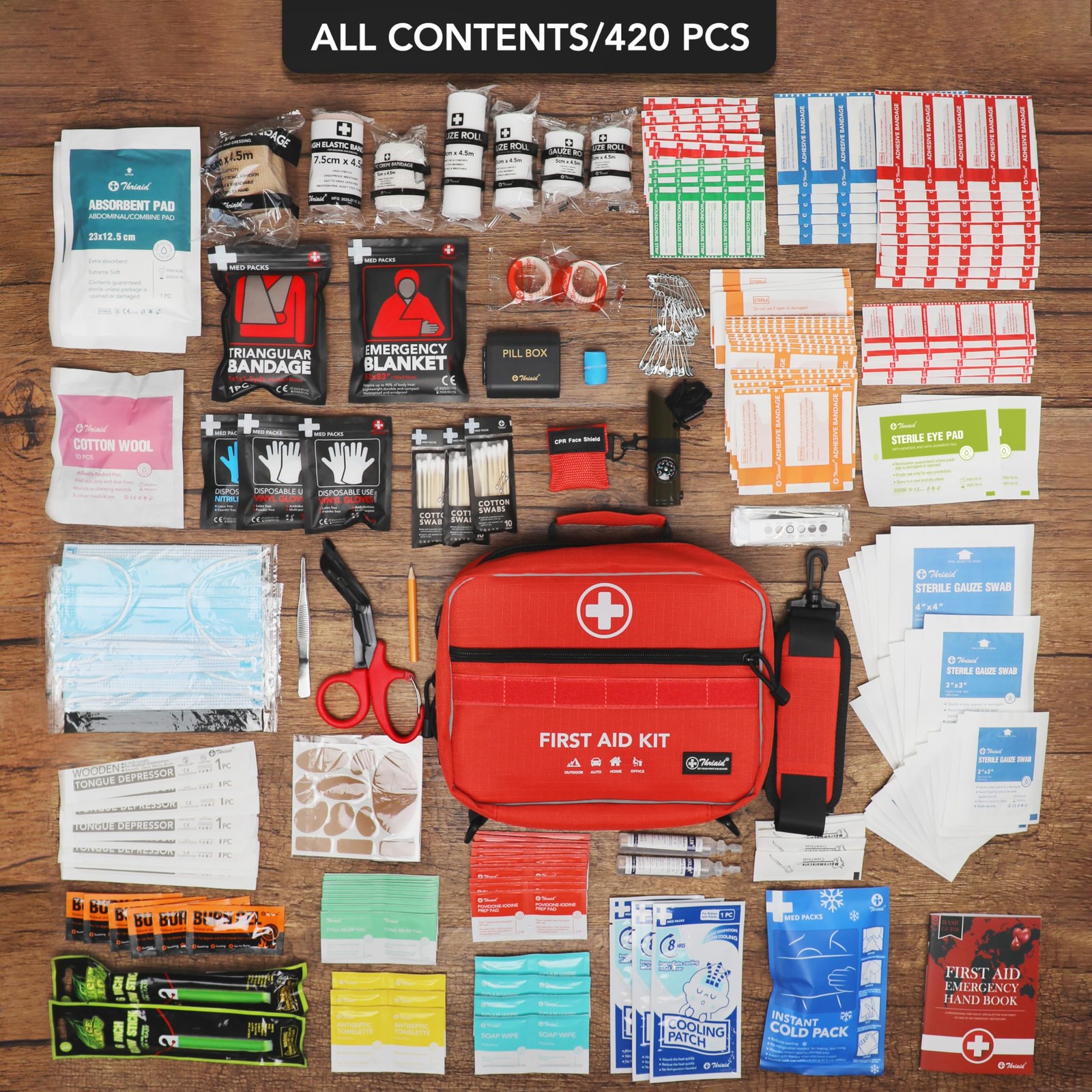430 Piece First Aid Kit, Well-Organized Premium Waterproof Compact Trauma Red