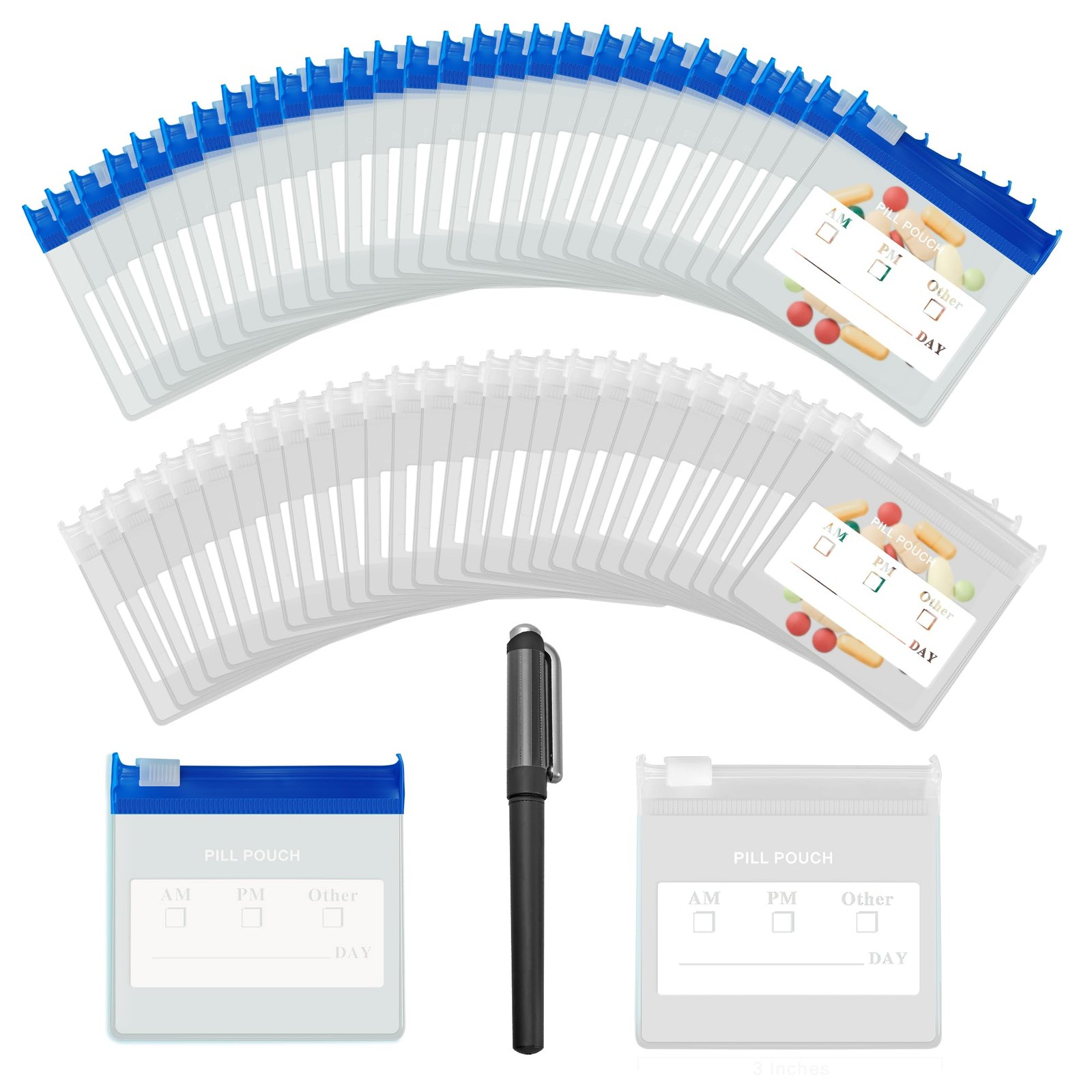 36 Packs Color Pill Pouch Bags 12mil 3 x Pack of 36, Frosted & Clear+blue