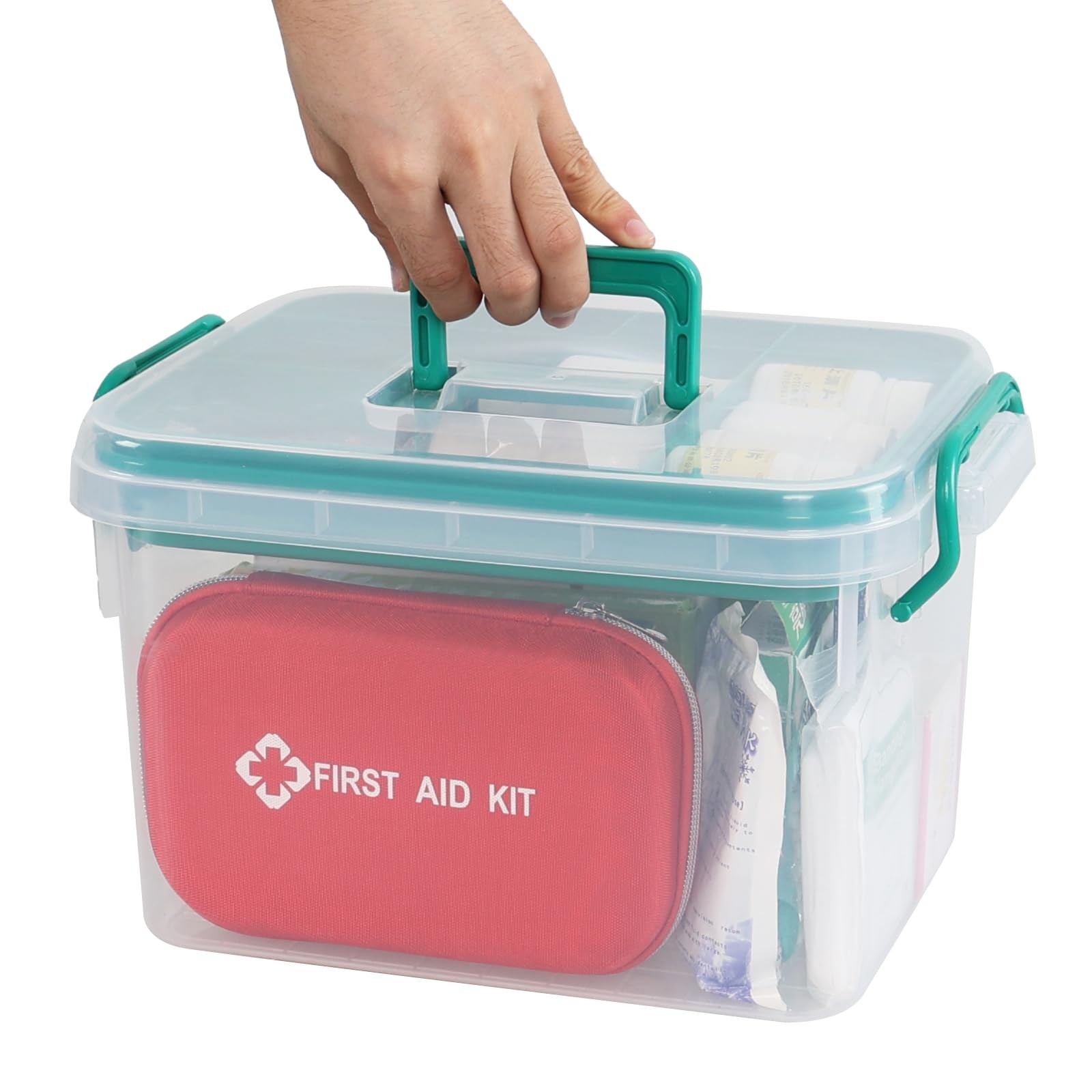 Waikhomes Plastic Divided First Aid Storage Box Kit, Portable Handled Clear