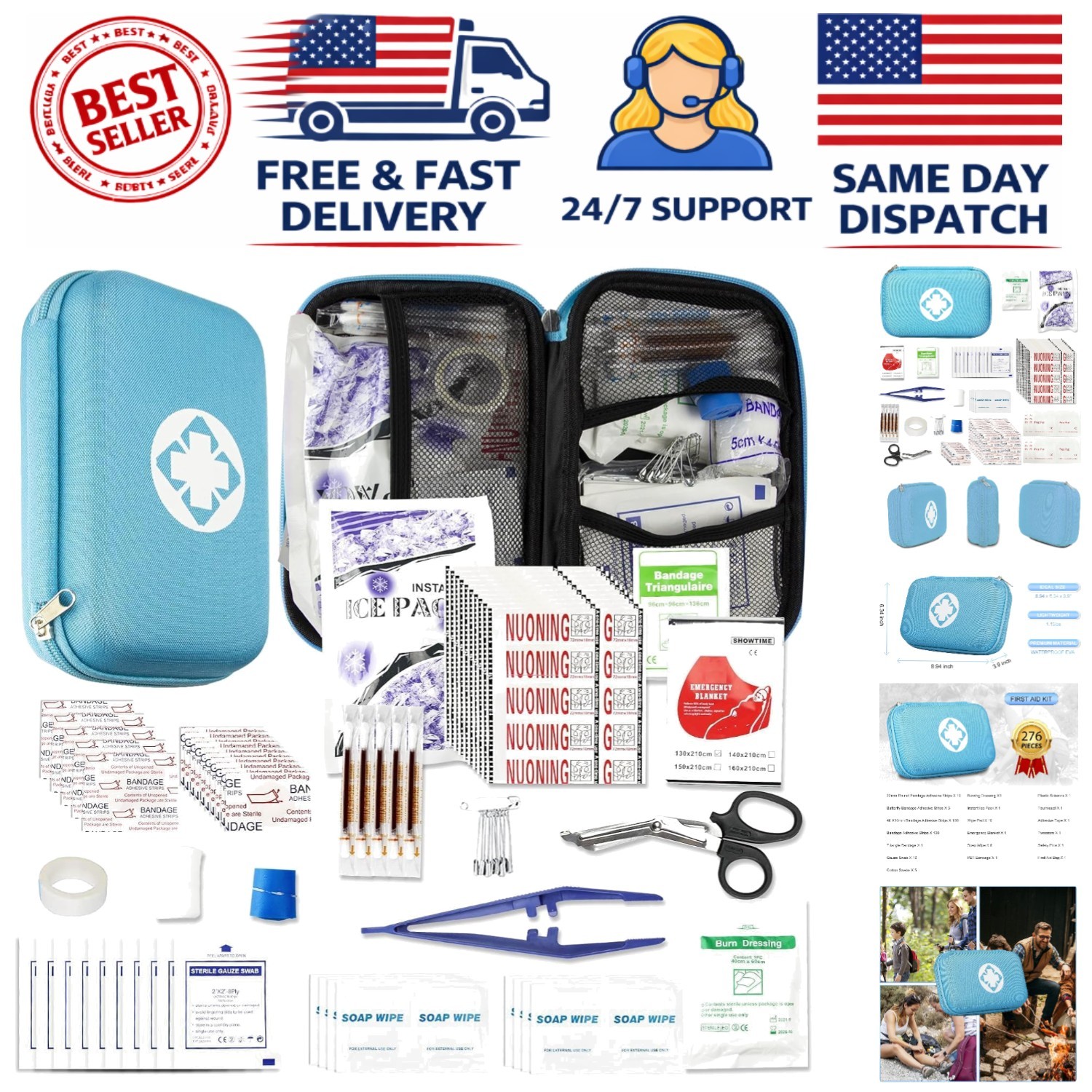 276-Piece Travel First Aid Kit – Compact Blue Emergency Supplies for Adventures