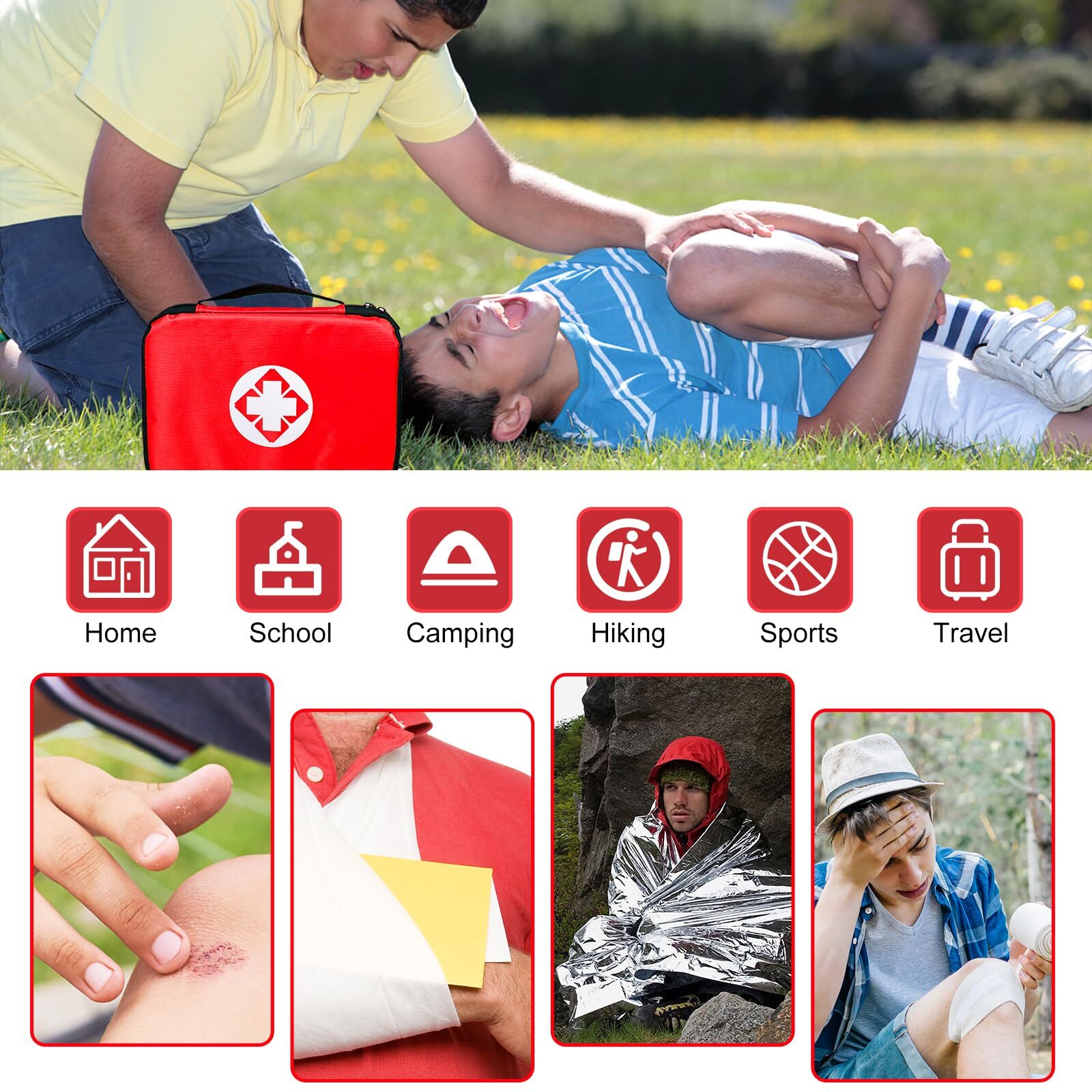 Compact 300 Piece Red First Aid Kit for Home Travel Sports Hiking Emergencies