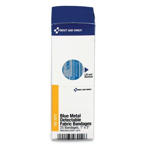 First Aid Only Refill for Cabinet, Blue Metal Detectable Bandages, 1 x 3, 25/Box