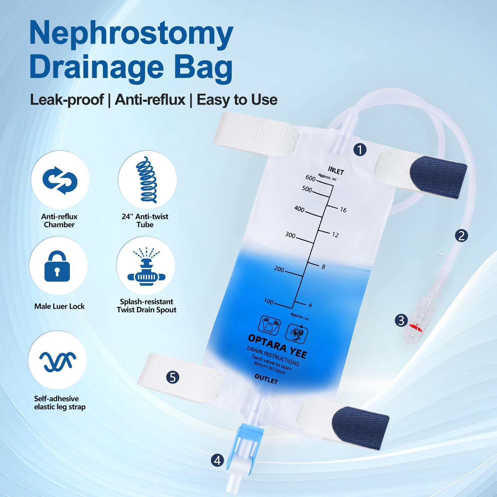 3 Pack 600ml Nephrostomy Bag with 24 Inch Soft Tube, Urine Nephro Bag-3pcs