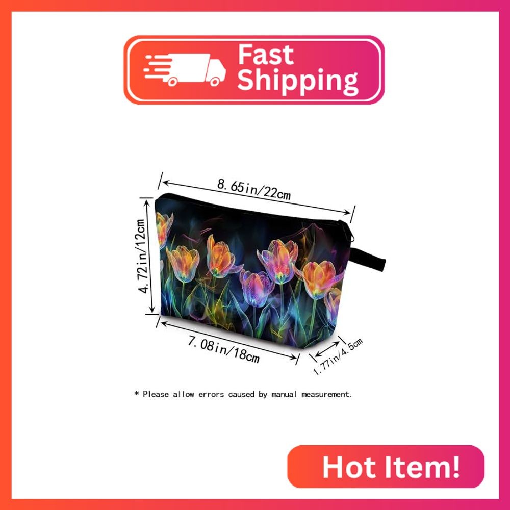 YULUENZE Neon Tulips Makeup Bag Cute Small Organizer Bag with Zipper Floral Tuli