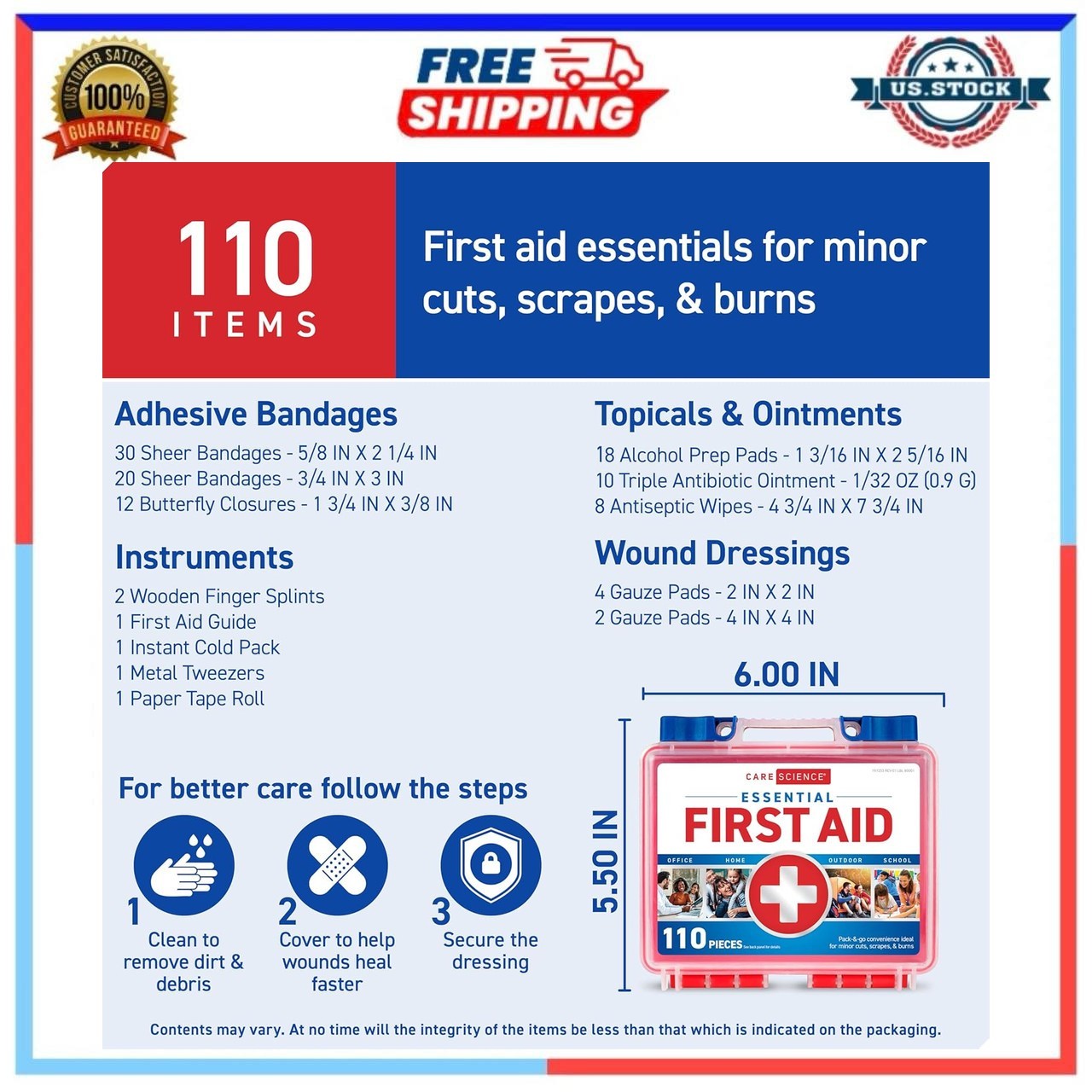 Care Science First Aid Kit 110 Pieces for Travel Work School Home