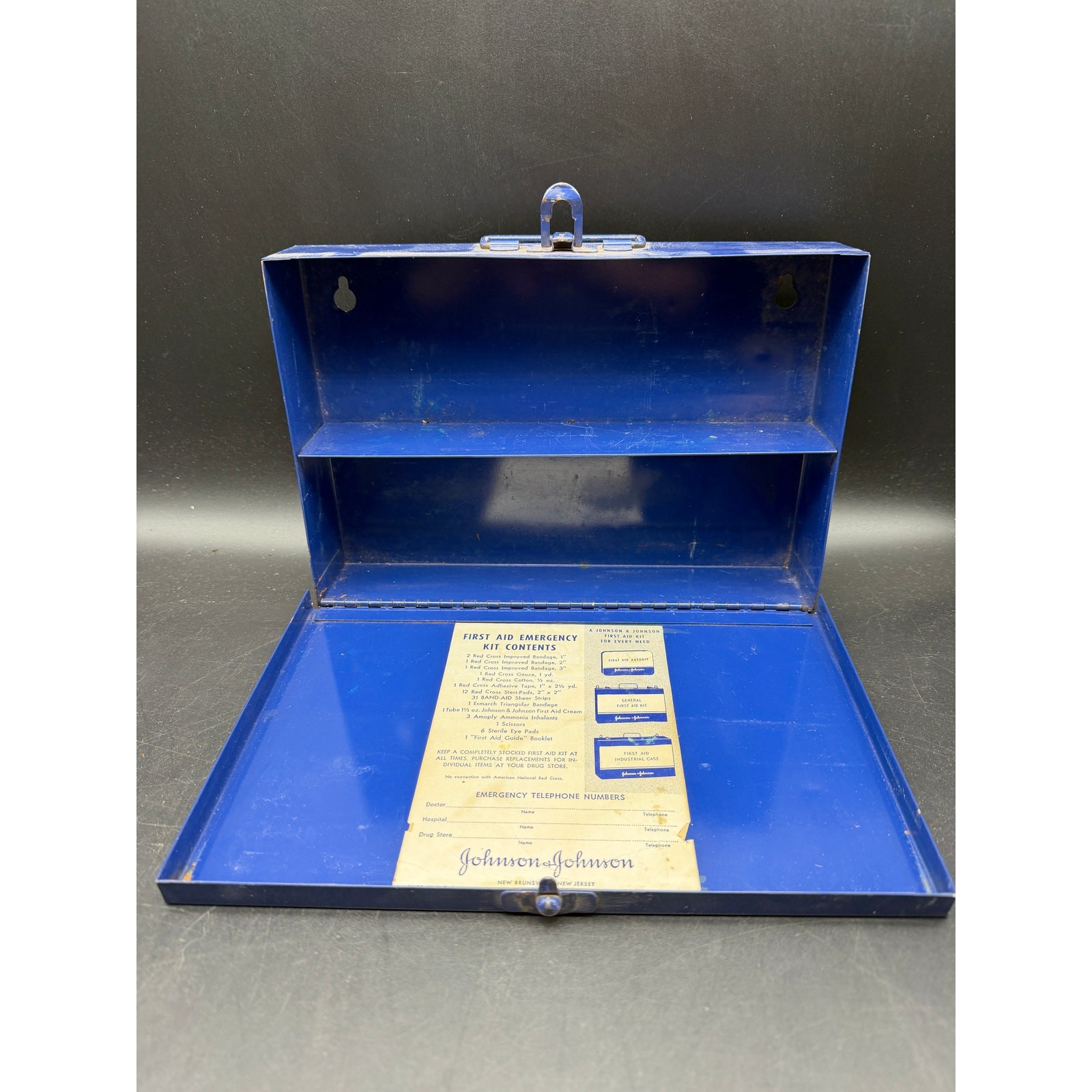 Vintage Metal Wall Hung 1960's First Aid Emergency Kit Johnson & Johnson