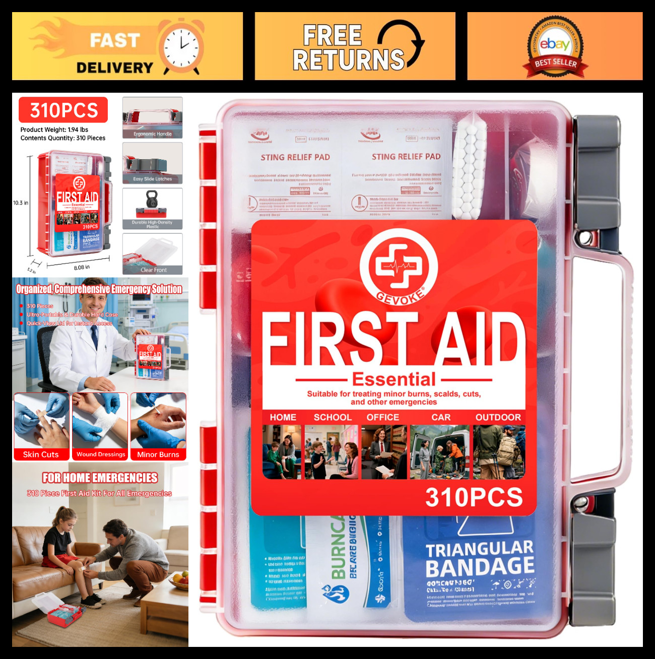 310-Piece Professional First Aid Kit – Hard Case for Home, Travel, Camping & Eme