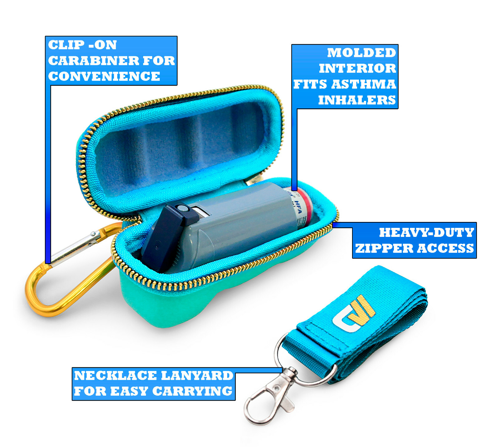 CM Turquoise Asthma Inhaler Travel Case, Does Not Include Inhaler Medicine