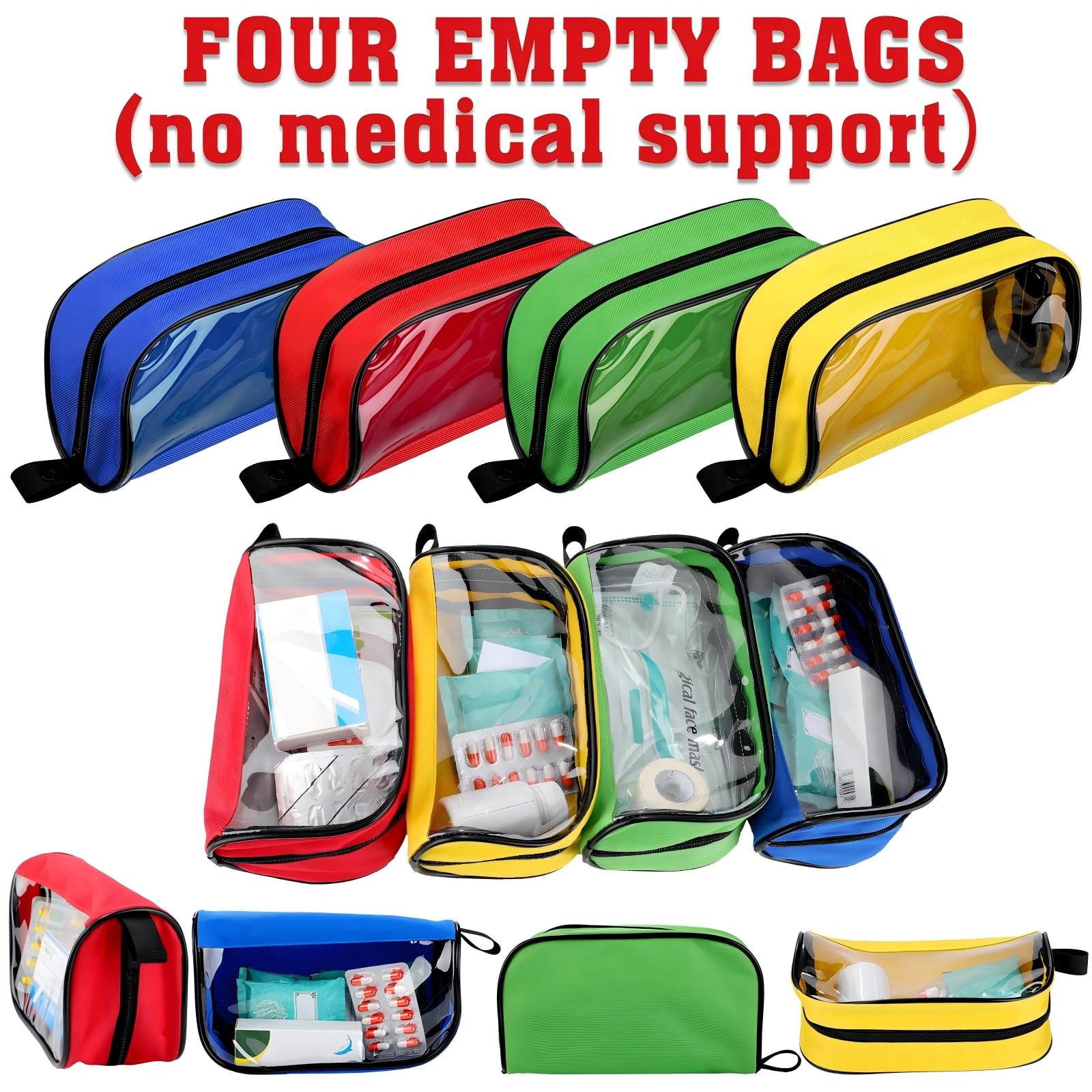Oudain 4 Pcs Empty First Aid Pouch Color Coded Blue,Green,Red,Transparent