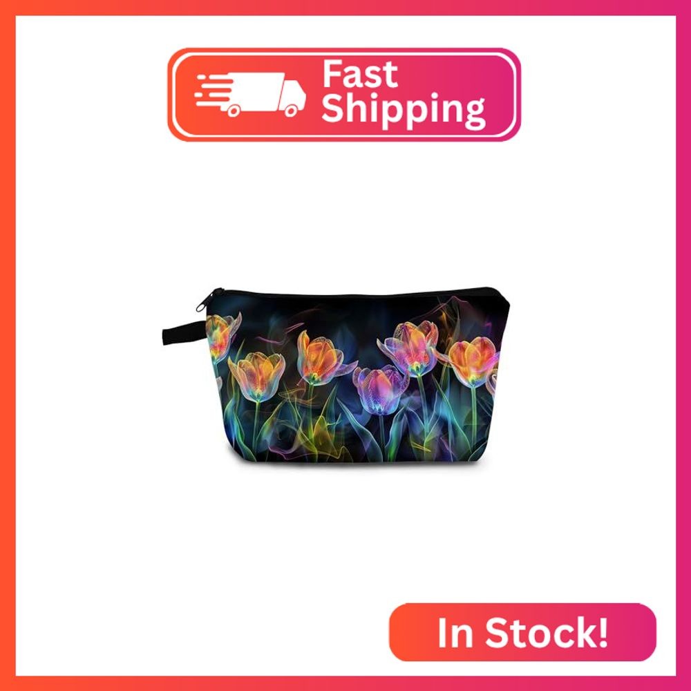 YULUENZE Neon Tulips Makeup Bag Cute Small Organizer Bag with Zipper Floral Tuli