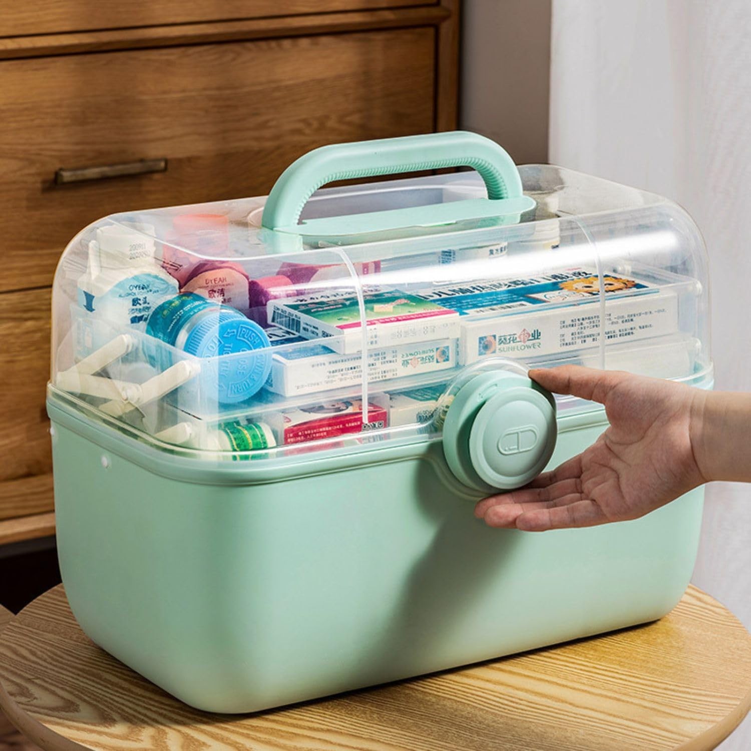 Mairuker Medicine Storage Containers 3-Tier Fold Tray Plastic Medical Green