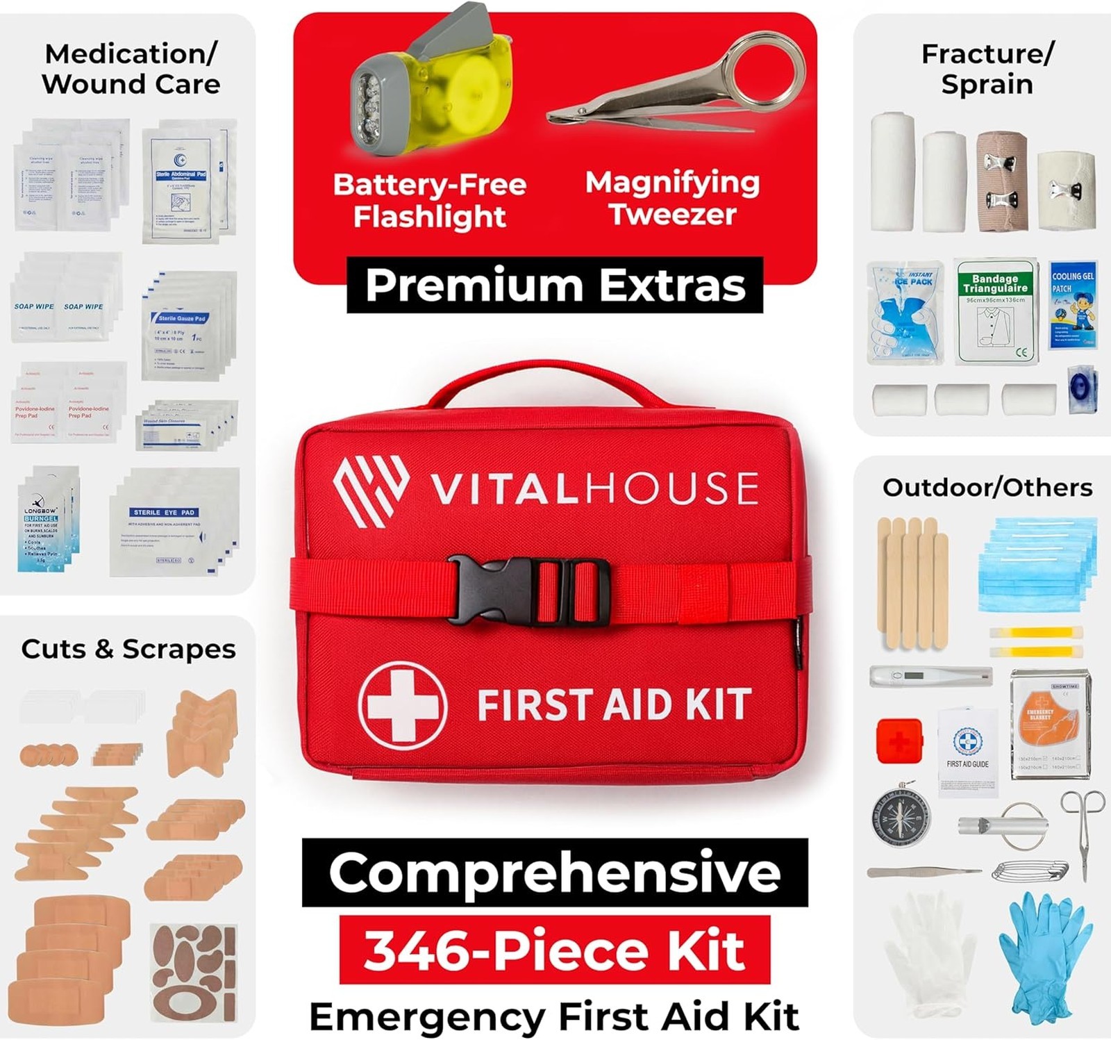 First Aid Kit 346 Piece with Tourniquet, Emergency Trauma Supplies for Home Car