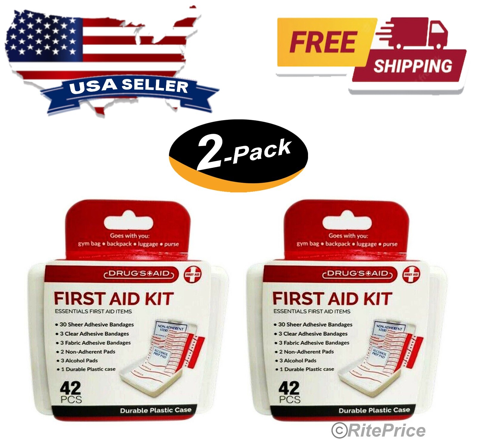 84 PC Essential First Aid Kit Emergency Bag Home Car Office Travel Size (2 Pack)
