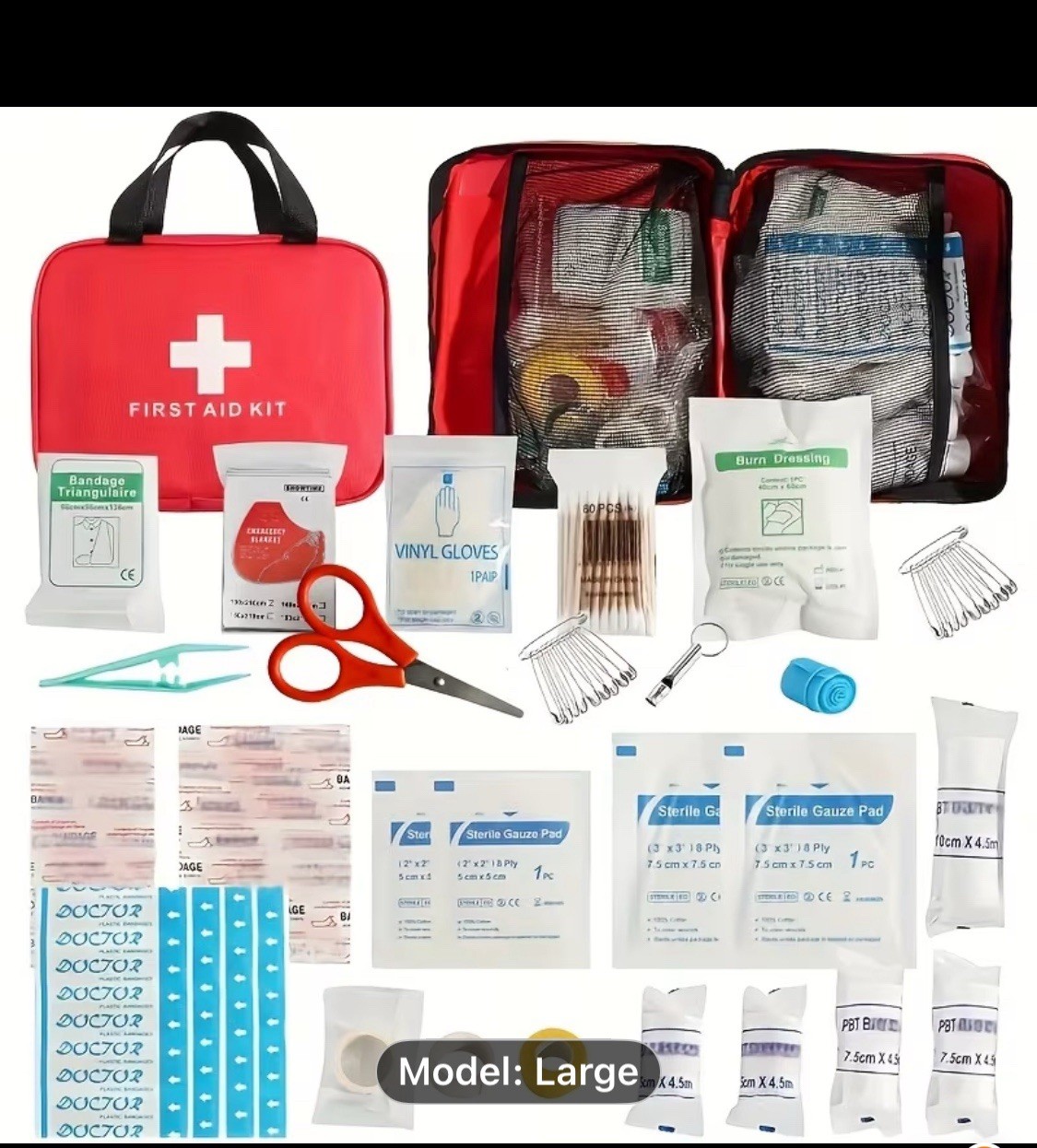 Large Red Portable First Aid Set with Bandages, Gloves, Gauze, Scissors