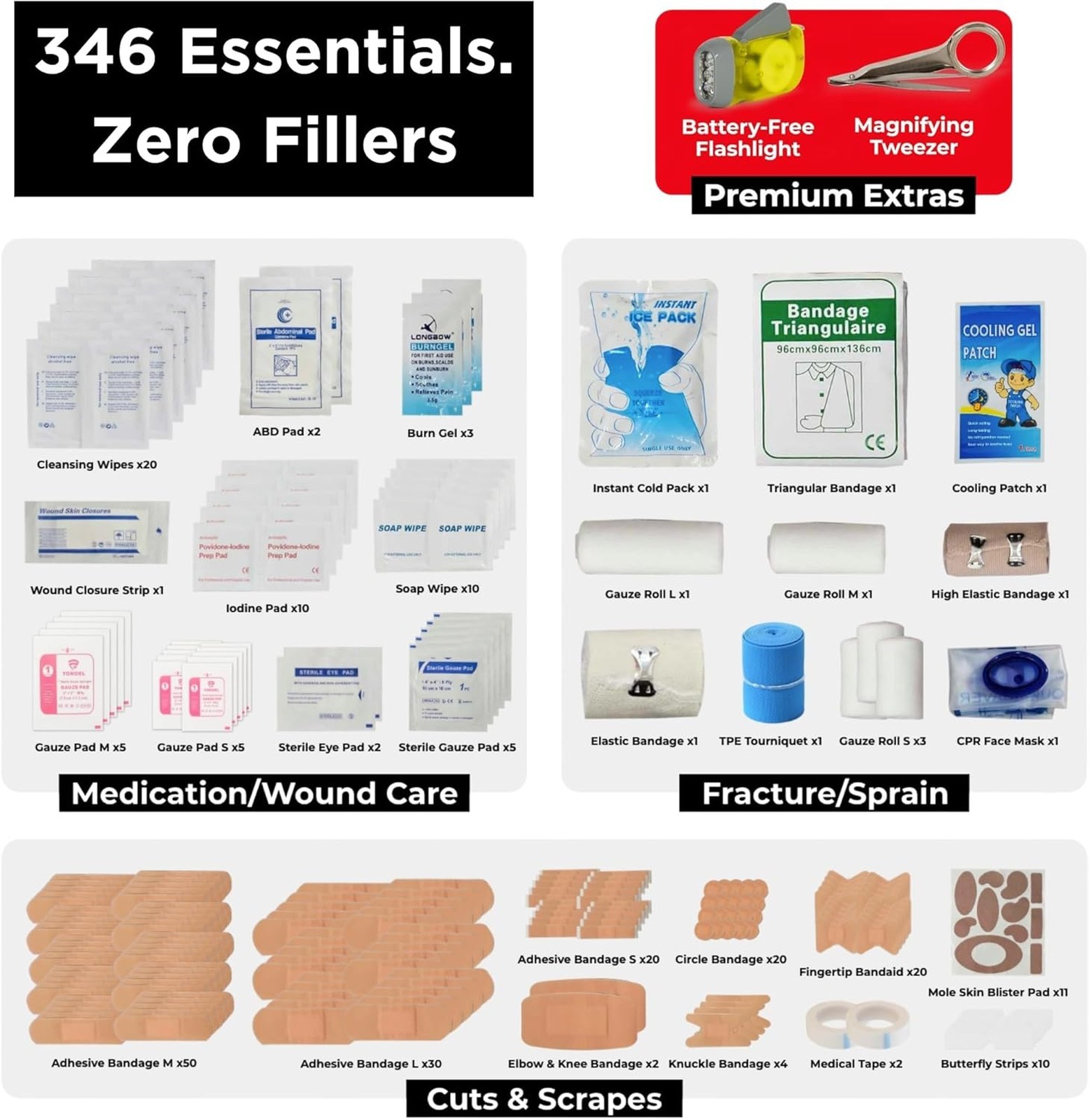 First Aid Kit 346 Piece with Tourniquet, Emergency Trauma Supplies for Home Car