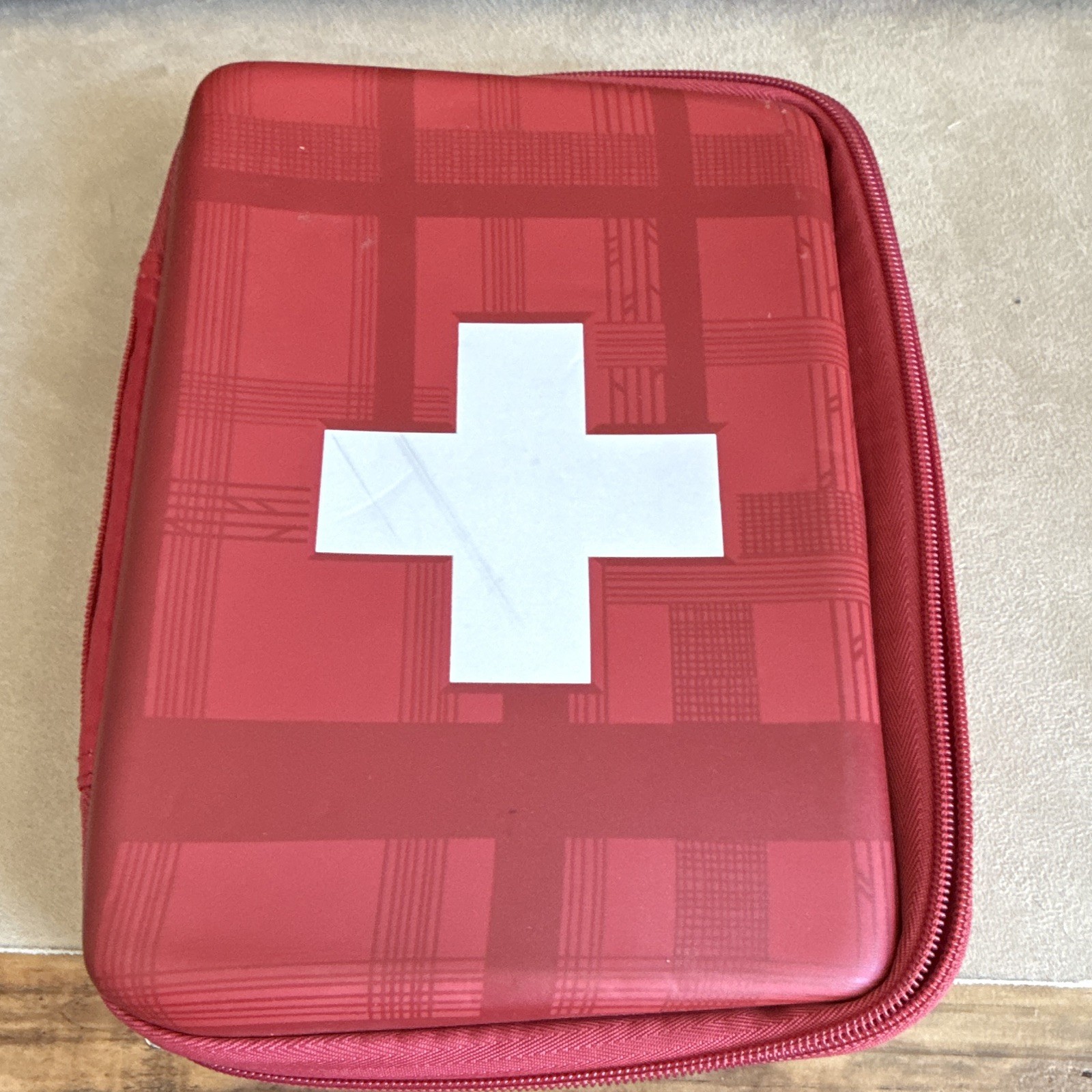 Red Portable First Aid Kit Bag with Zipper Closure, White Cross Symbol