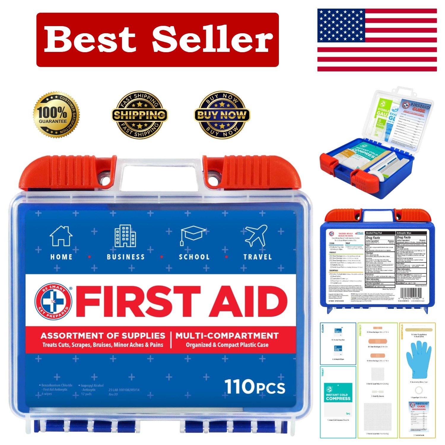 110-Piece First Aid Kit: Essential Emergency Care for Home, Travel & Sports