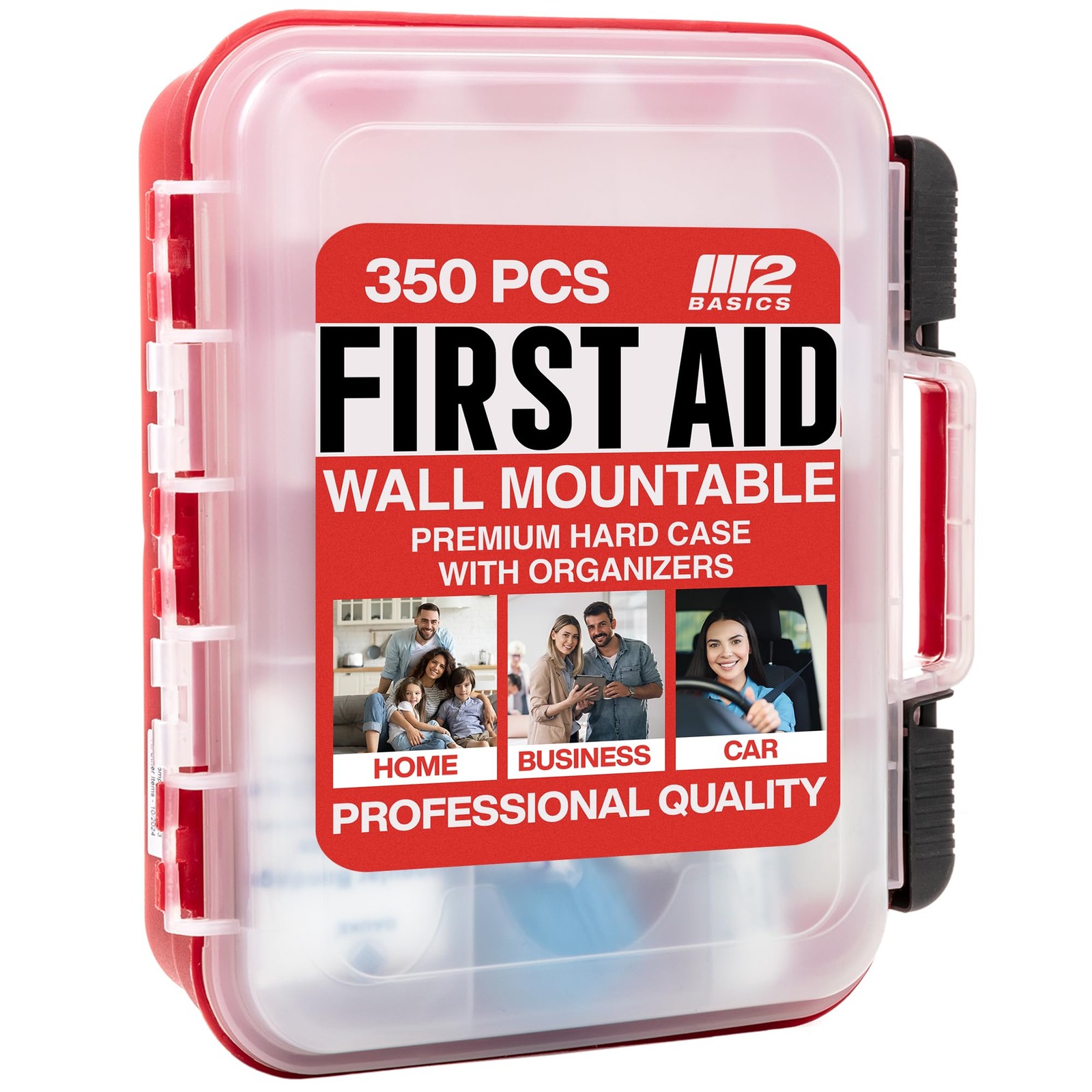 M2 BASICS 350 Piece First Aid Kit, Wall Mount Hard Case 350 Set, Red
