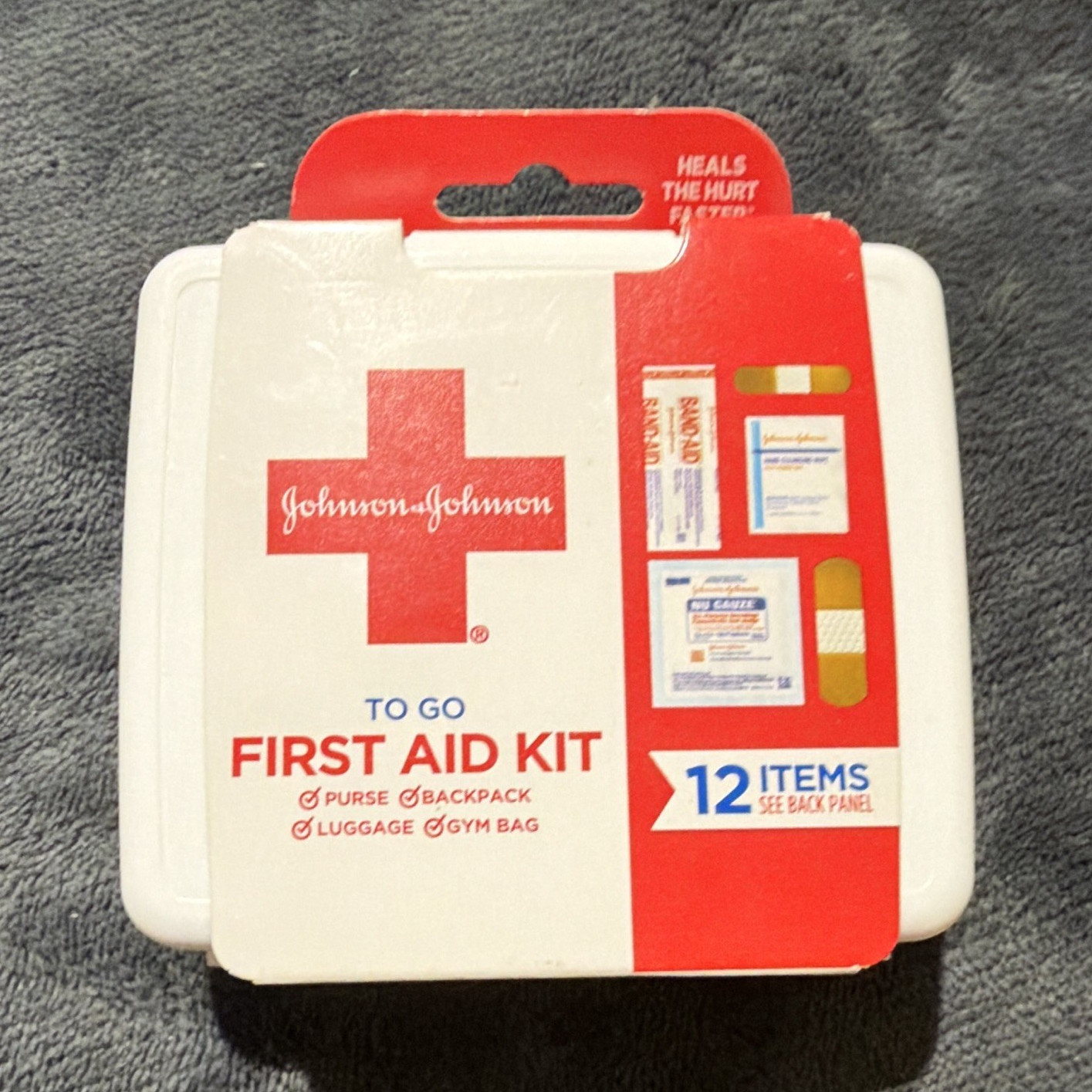 Johnson & Johnson Portable To Go First Aid Kit 12 Items, White/Red Plastic Case
