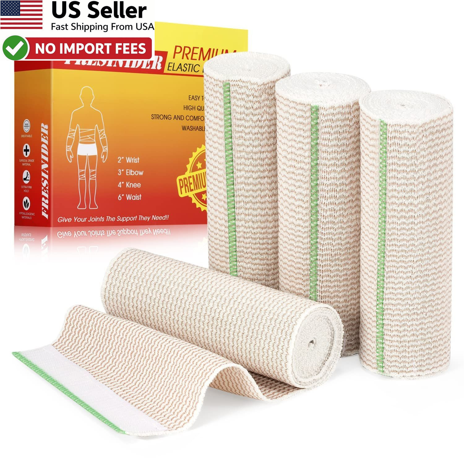FRESINIDER 6" Elastic Bandage Wrap 4 Pack Cotton Compression Touch Close FROM US