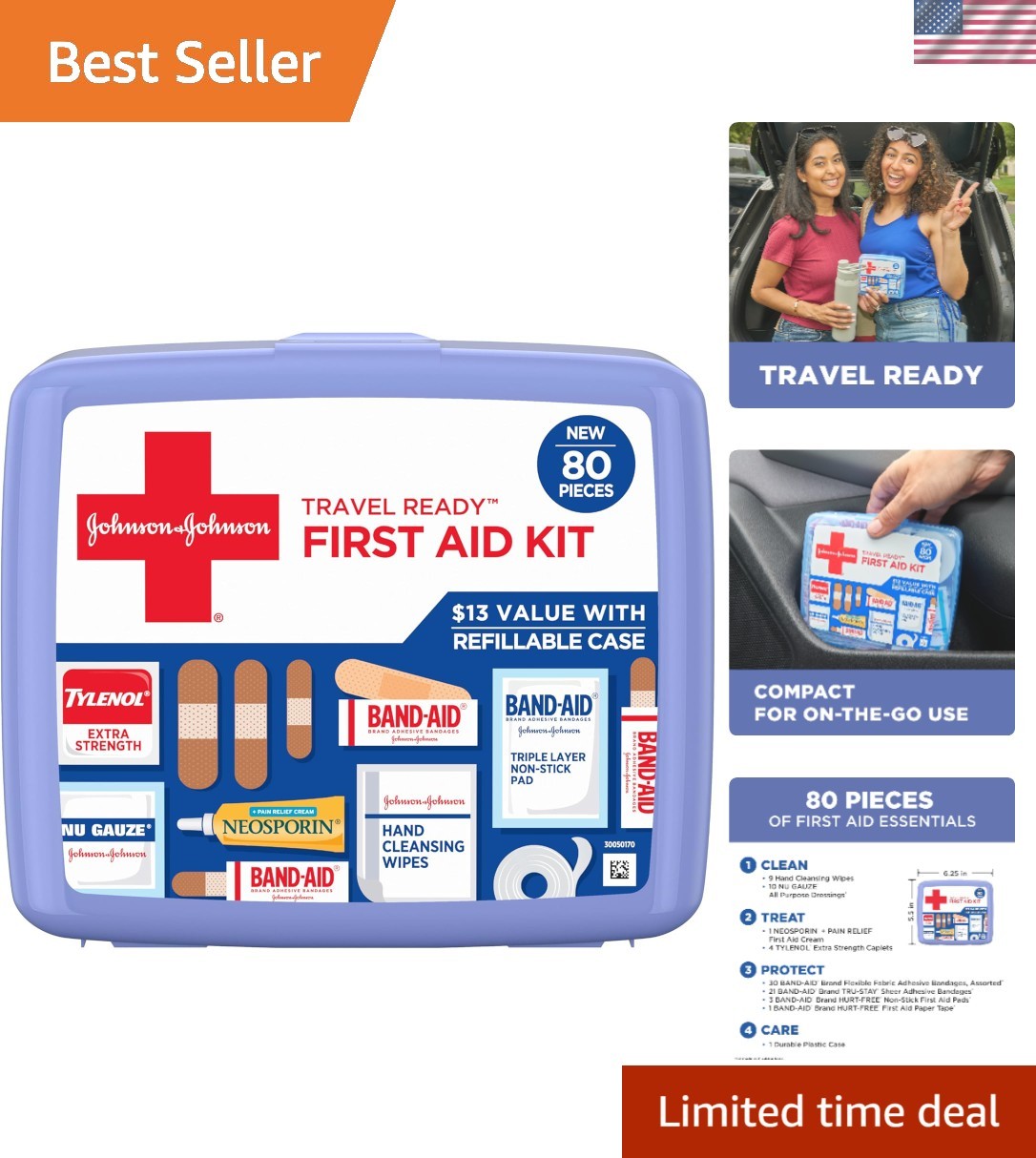 Portable 80-Piece First Aid Kit by BAND-AID – Ideal for Home, Travel, Camping