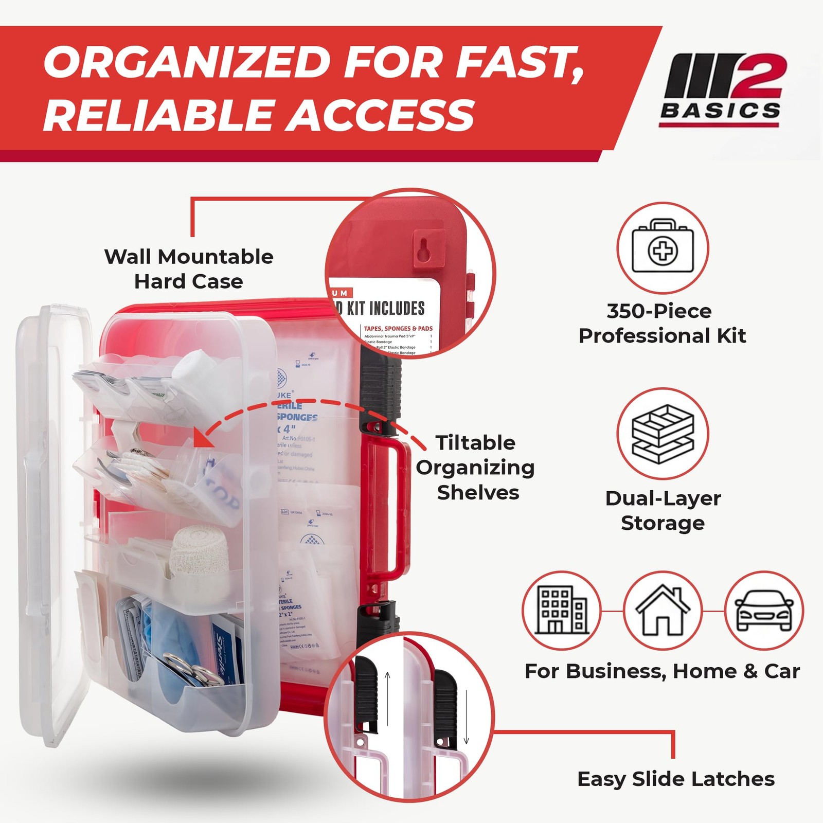 350 Piece Professional Wall-Mount First Aid Kit, Home, Business