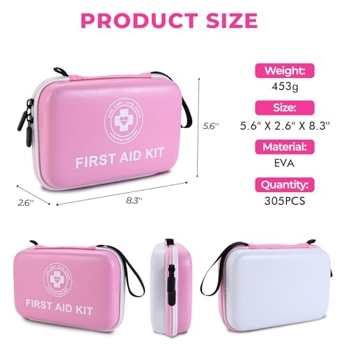 Premium First Aid Kit – 305 Piece Dual-Color Emergency Kit with Hard Pink/White