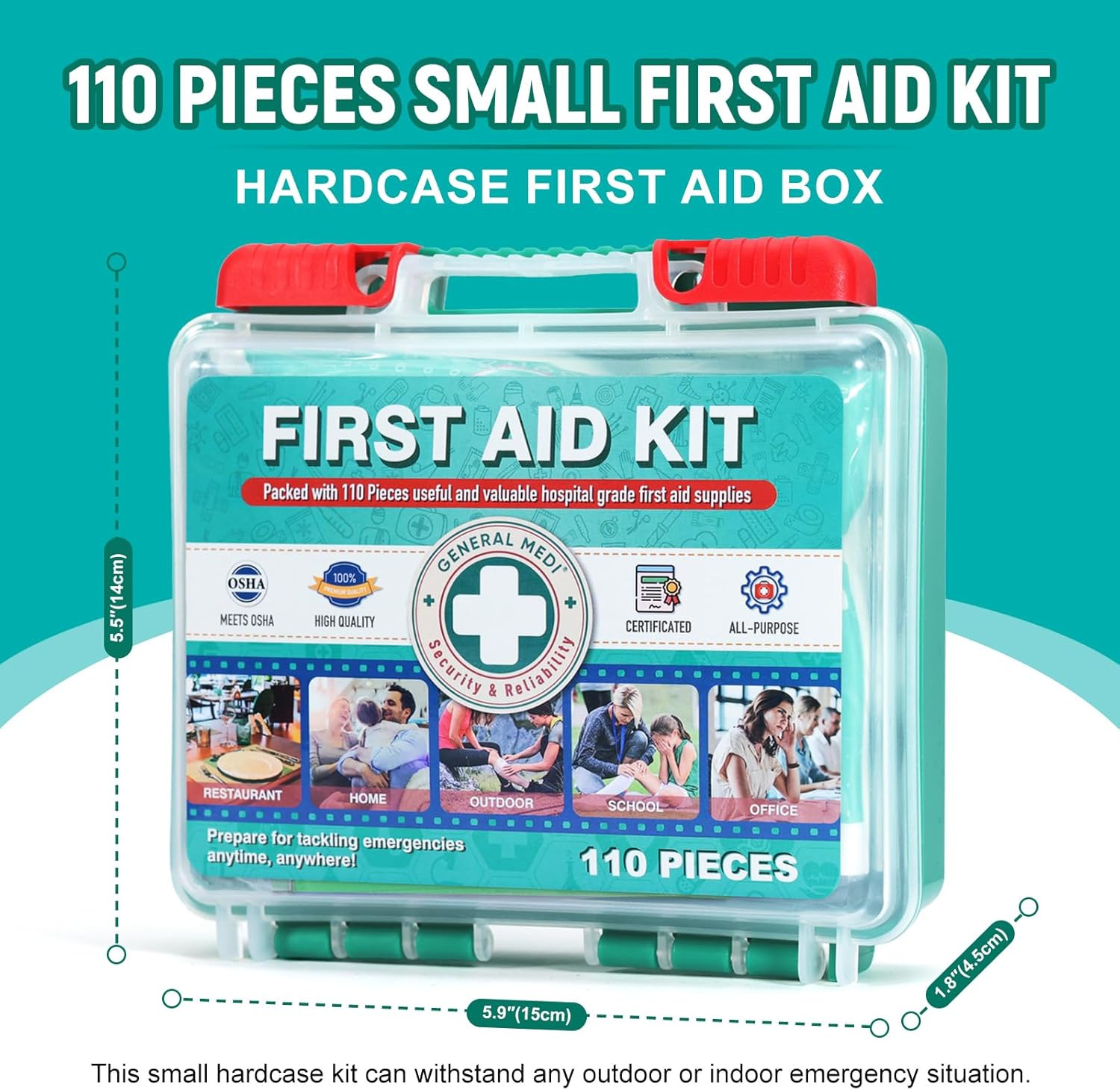 General Medi 110 Pieces Small First Aid Kit – Hardcase First Aid Box – Contains