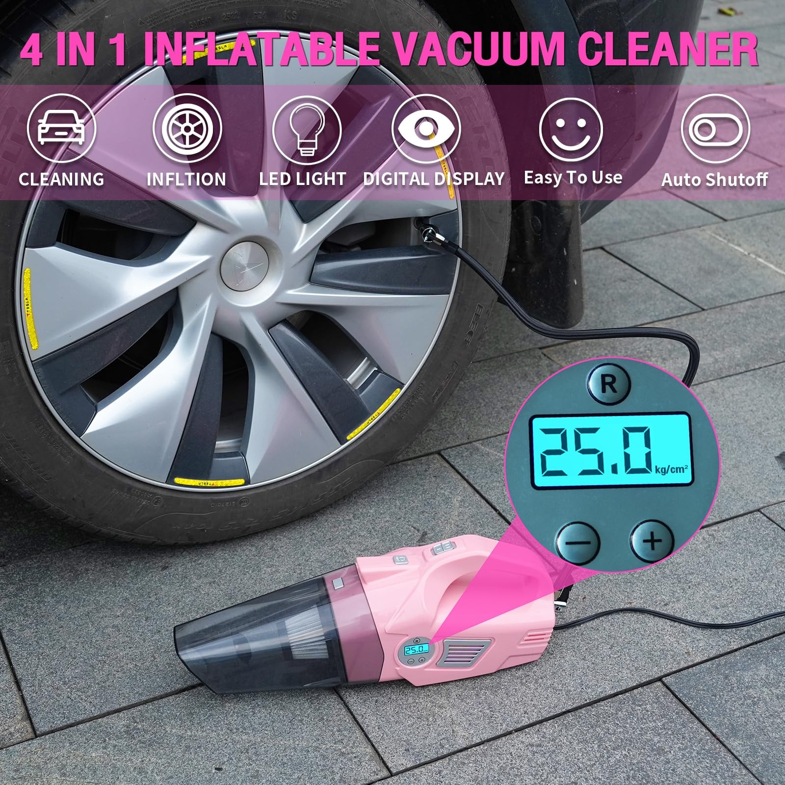 vioview Roadside Emergency Car kit for Vehicles, with 4 in 1 Inflatable Pink