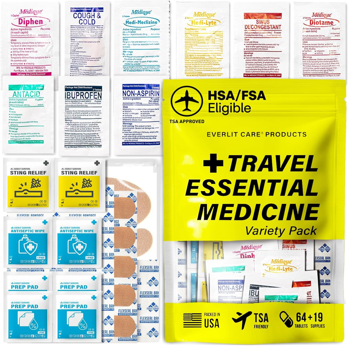 EVERLIT CARE Travel Essential Medicine First Aid Kit I Bonus Medical Supplies I