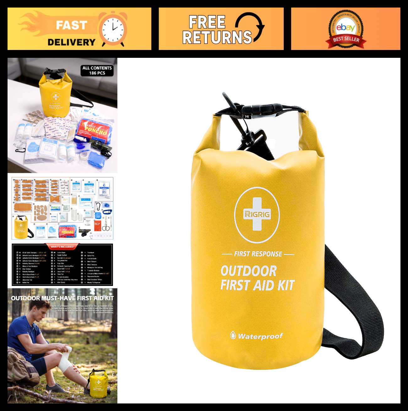 186 Pcs Waterproof First Aid Kit – Portable Survival Gear for Boating, Camping,
