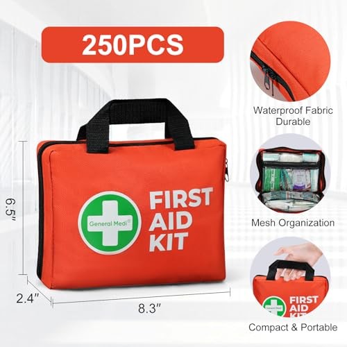 General Medi 250 Piece Small First Aid Kit – Foil Blanket, Cold Pack, Scissors