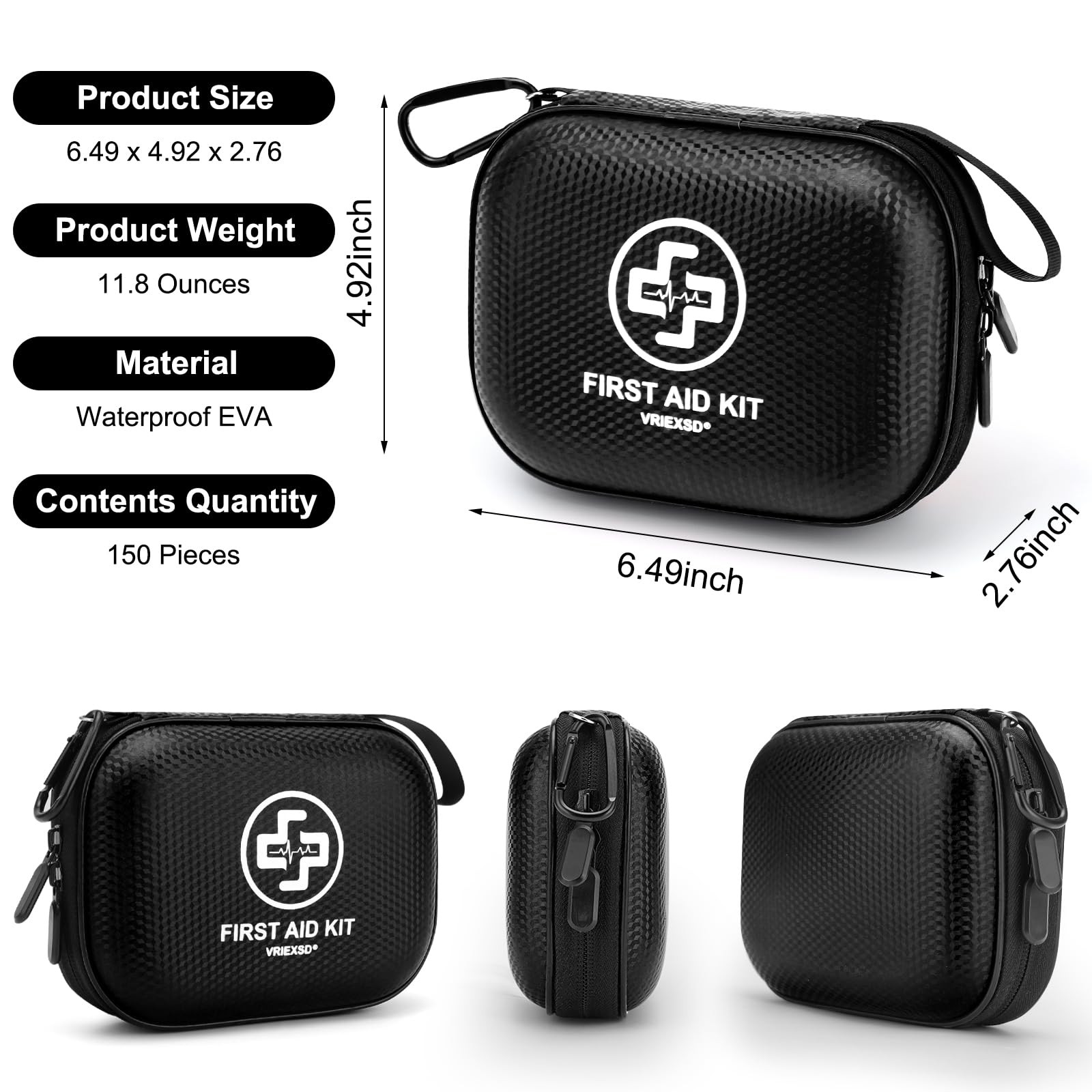 Mini First Aid Kit – 150 Piece Small Waterproof Hard Shell Medical Black