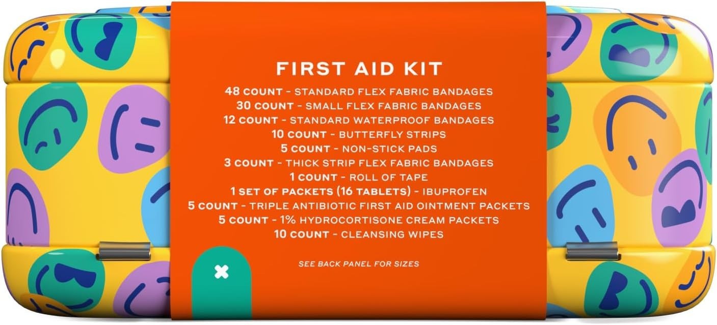 First Aid Kit 130 Count Flex Fabric Bandages and Essentials Organized Tin