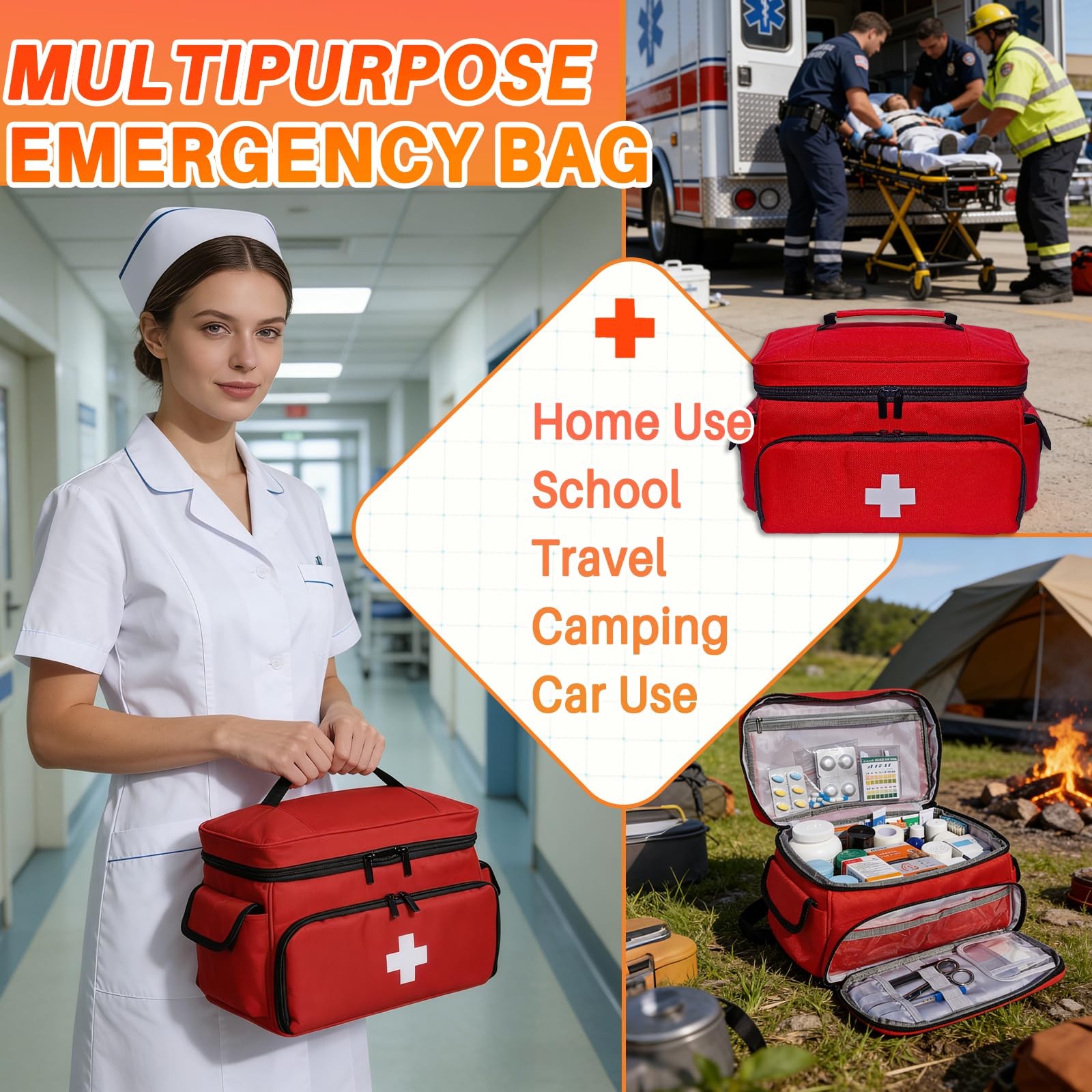 MiimGogo First Aid Bag Empty 12" x 9" x 7" Medical Red Pill Small,