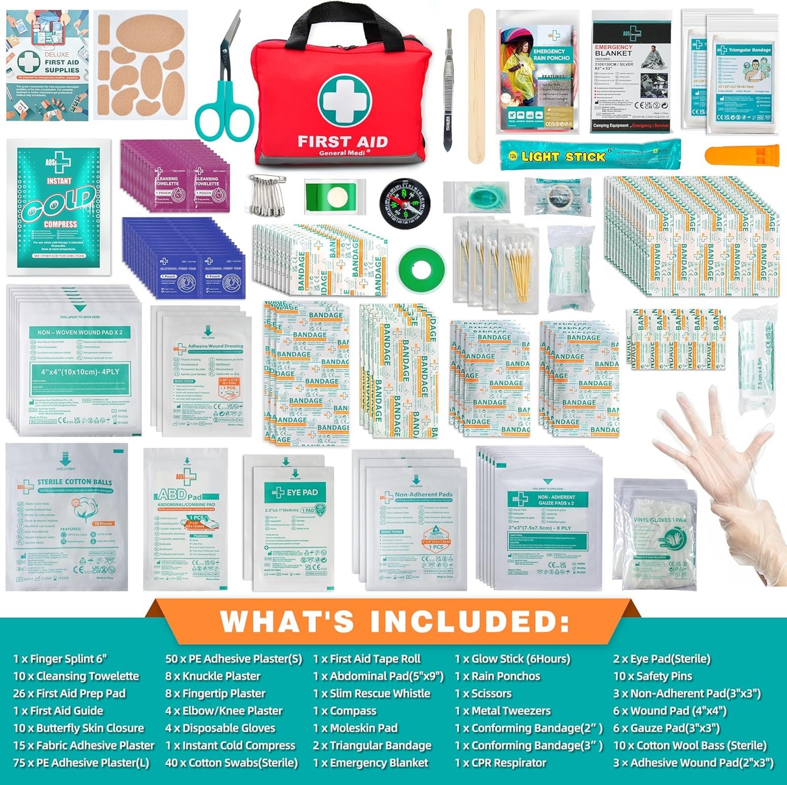 First Aid Kit 309 Pieces Reflective Bag Emergency Supplies Bandages Moleskin